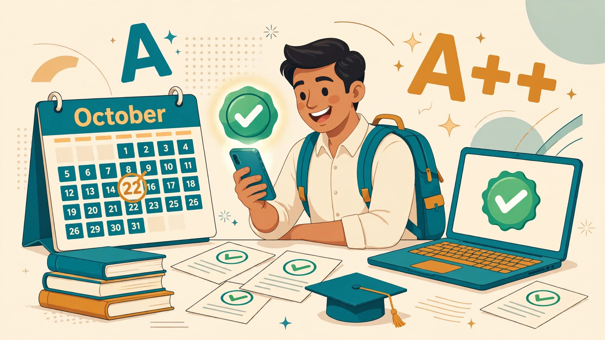 Pakistani college student checking the 11th class board result on a smartphone, with a calendar marked October 22 and grade letters in the background