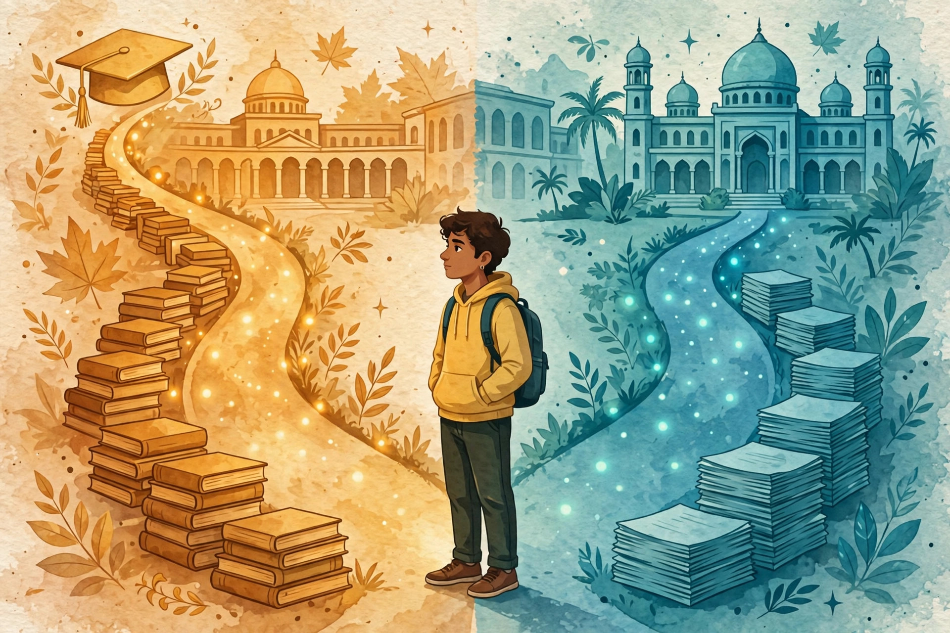 Illustration of a Pakistani student with a backpack at a fork in the road — one path with A-Level textbooks and a graduation cap, the other with FSc board exam papers and a college building