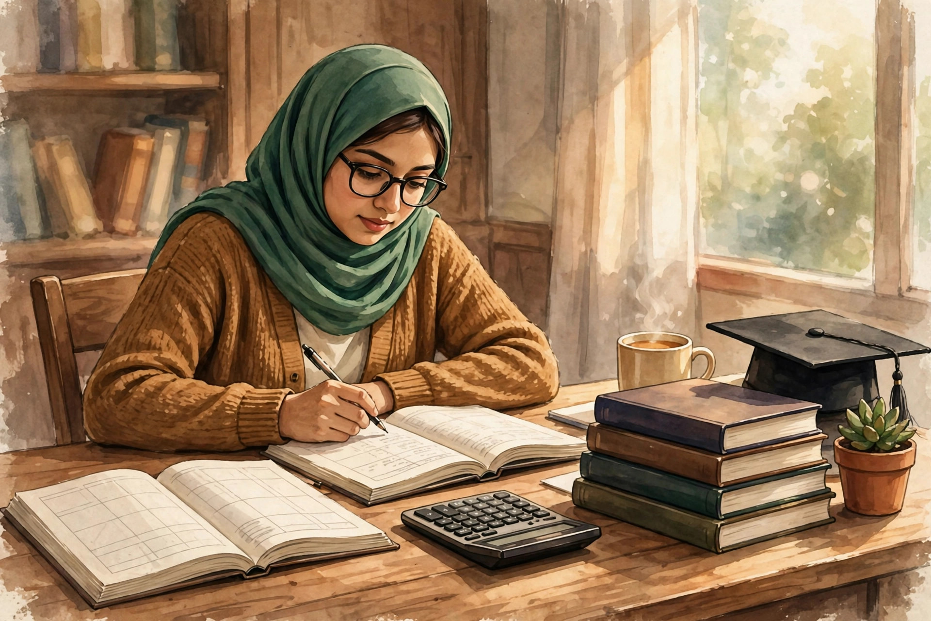Illustration of a Pakistani accounting student studying ledgers and a calculator at a desk