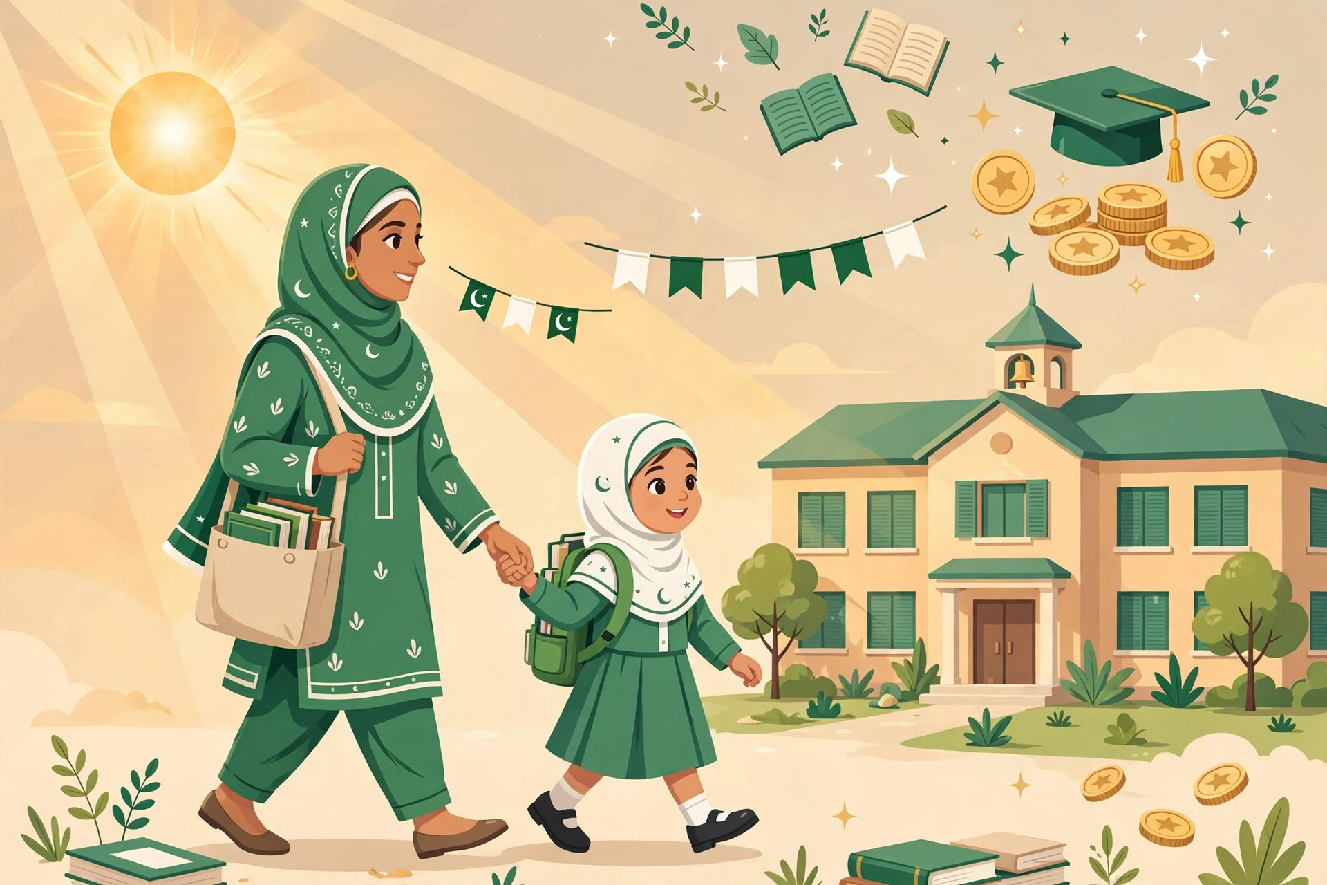 Pakistani mother holding her young daughter's hand walking toward a school building, with coins and a graduation cap symbolizing the Benazir Taleemi Wazaif education stipend