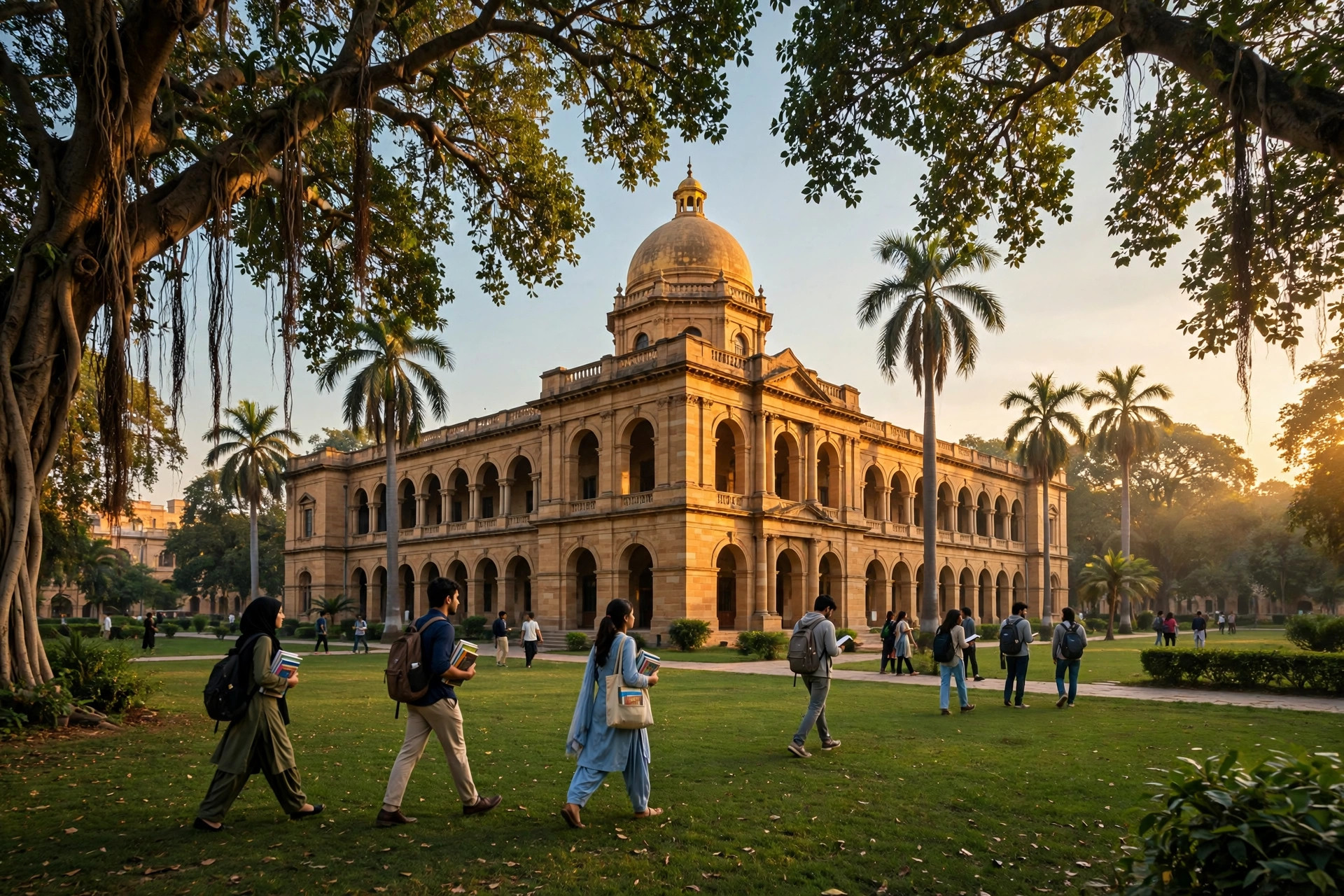 Pakistani university students walking across a historic campus with sandstone arches and a central dome at golden hour, representing the best universities in Pakistan 2026 HEC rankings