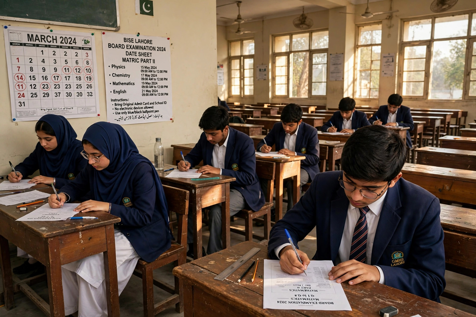 Pakistani students writing a board examination in an exam hall, with a BISE date sheet and calendar pinned on the wall