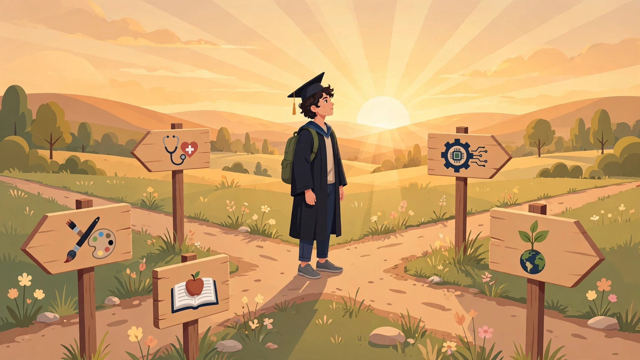 Illustration of a graduate at a crossroads of career paths with signposts pointing to different professions