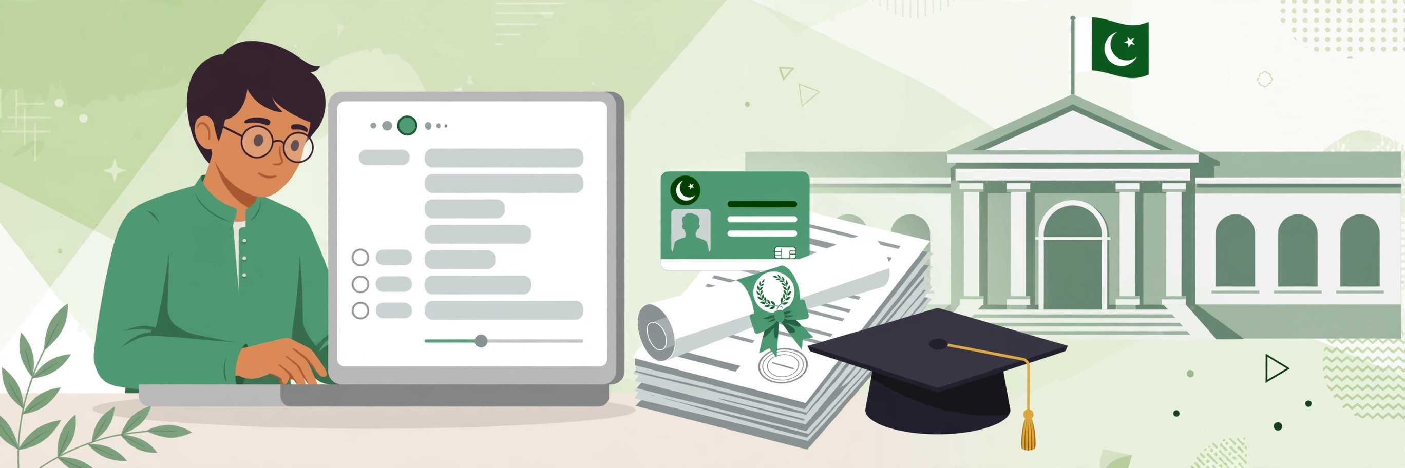 Pakistani CSS aspirant completing the FPSC online application form on a laptop for the CSS 2027 written exam, with CNIC, degrees and photographs on the desk