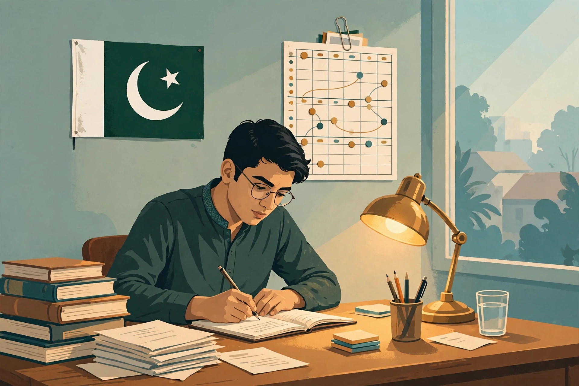 Pakistani student preparing for the CSS exam at a desk covered with books and past papers