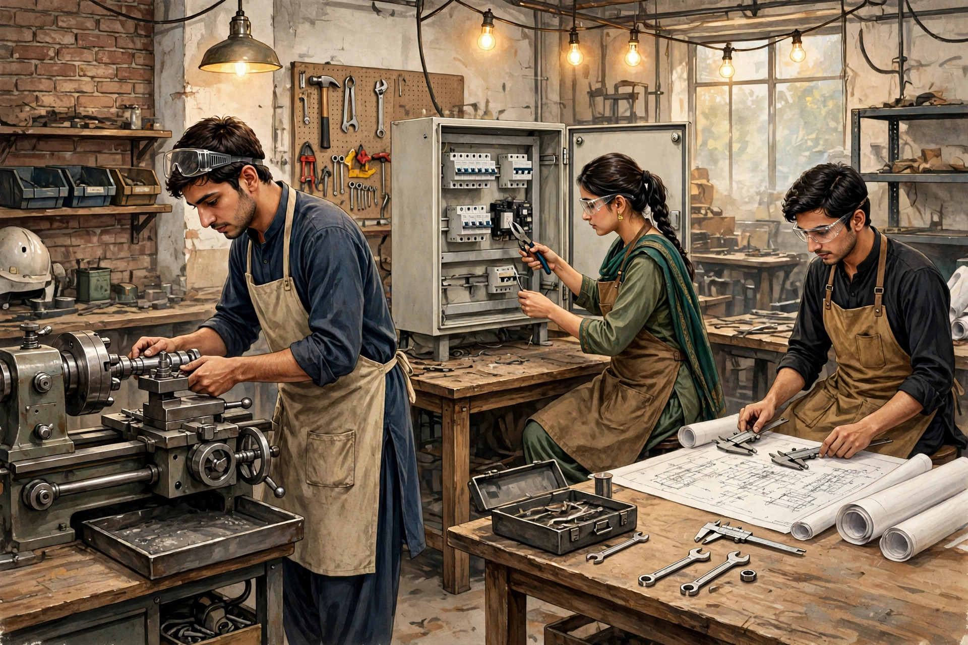 Pakistani technical college students practicing in a DAE engineering workshop with a lathe machine, electrical panel and blueprints