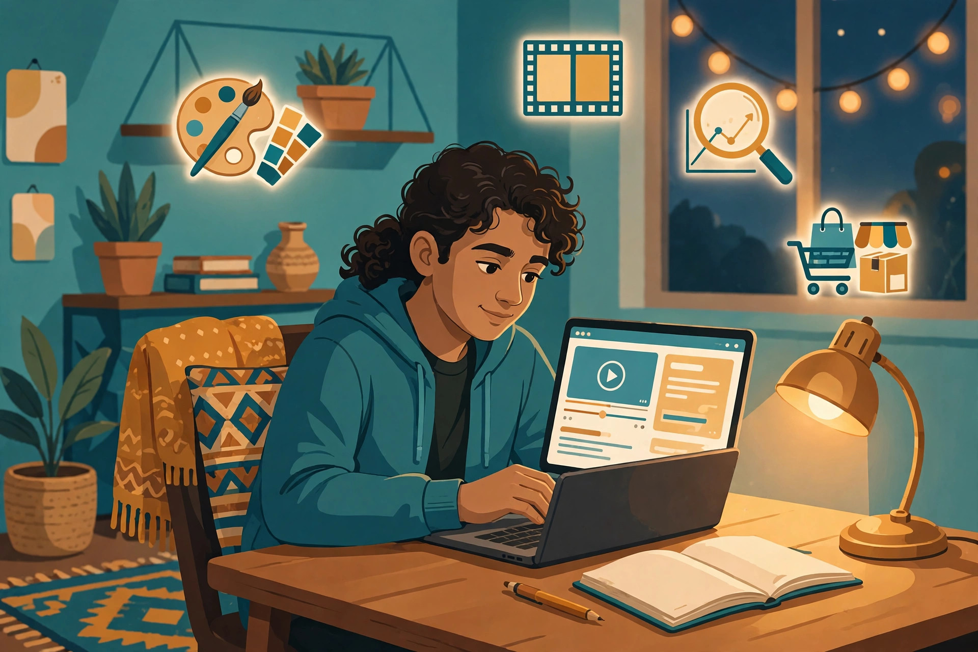 Young Pakistani learner studying a free online digital-skills course on a laptop at home, notes and freelance-platform screens around them