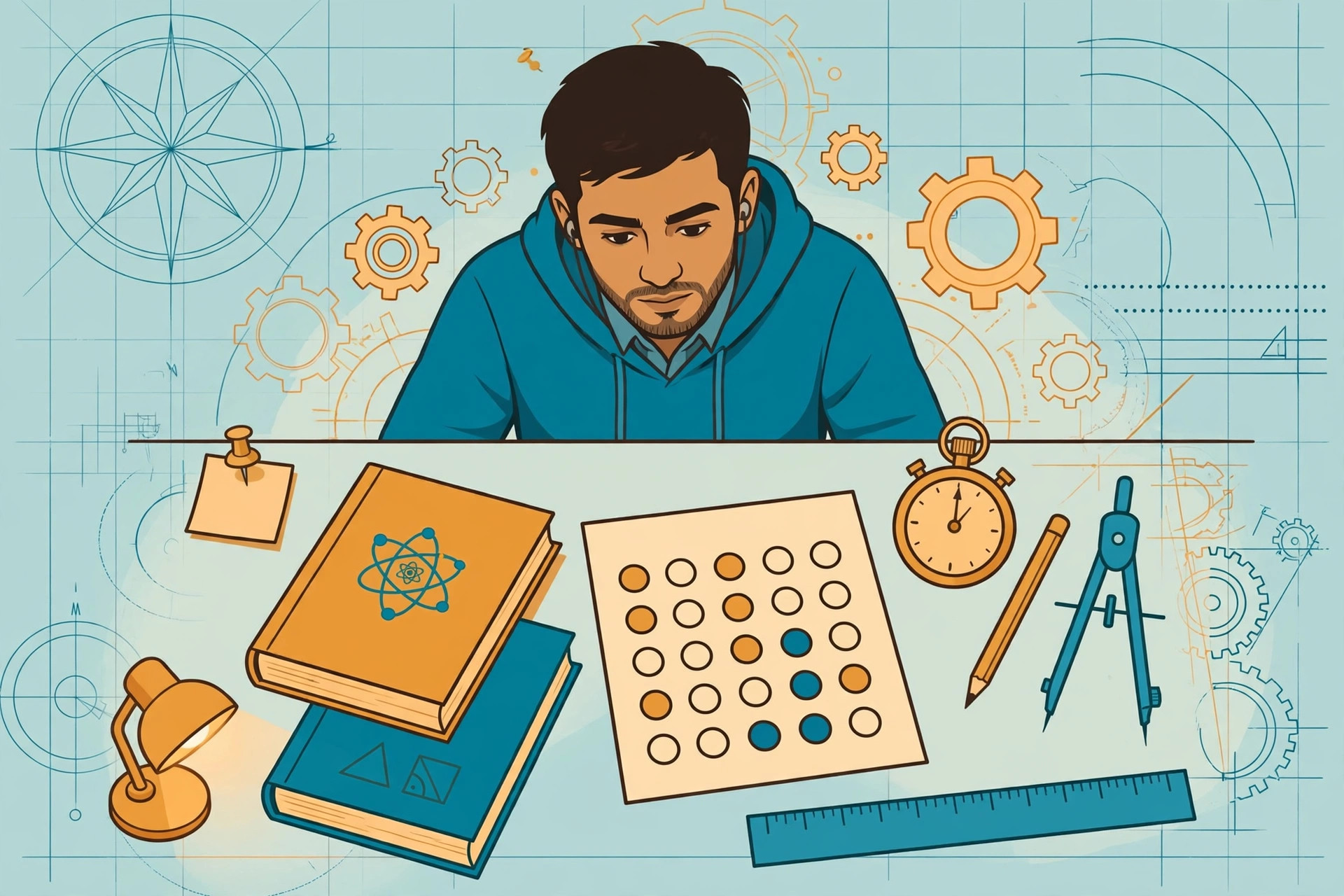 Illustration of an engineering aspirant studying with physics and math textbooks, an MCQ answer sheet, and a stopwatch