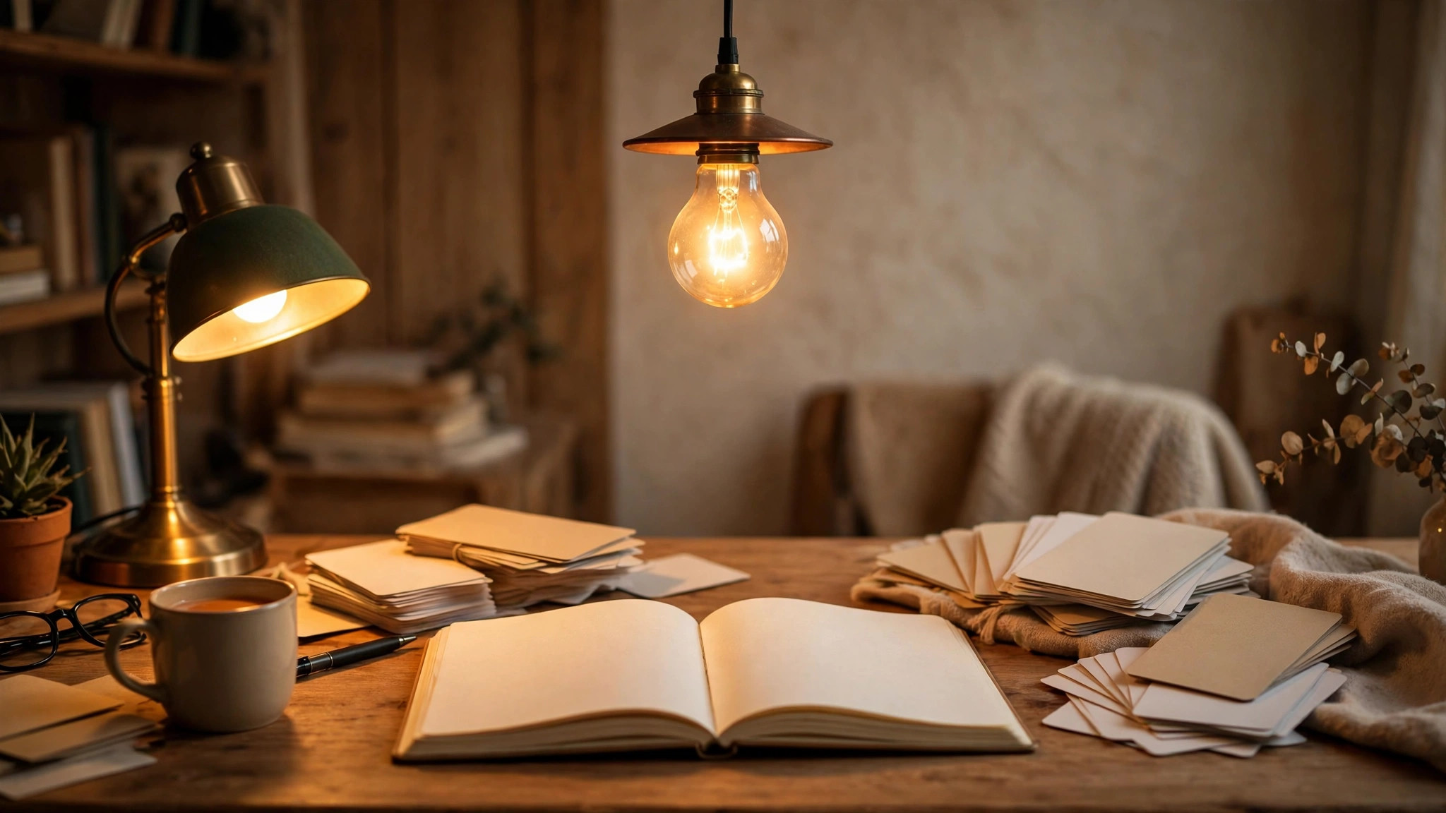 Student desk with flashcards, notebook and a glowing lightbulb symbolizing effective study techniques