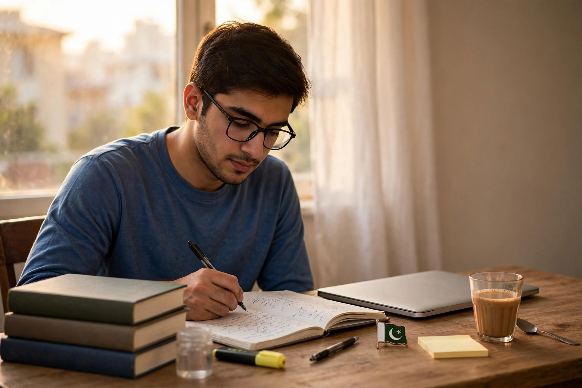 FPSC exam preparation: a Pakistani federal government job aspirant studying at a desk with general knowledge books, an open notebook, a laptop and a small Pakistani flag pin in warm morning light