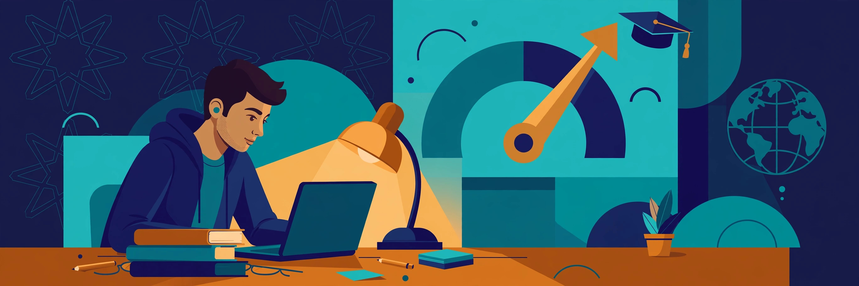 Illustration of a Pakistani student studying for the GRE with books, a laptop, and a rising score gauge