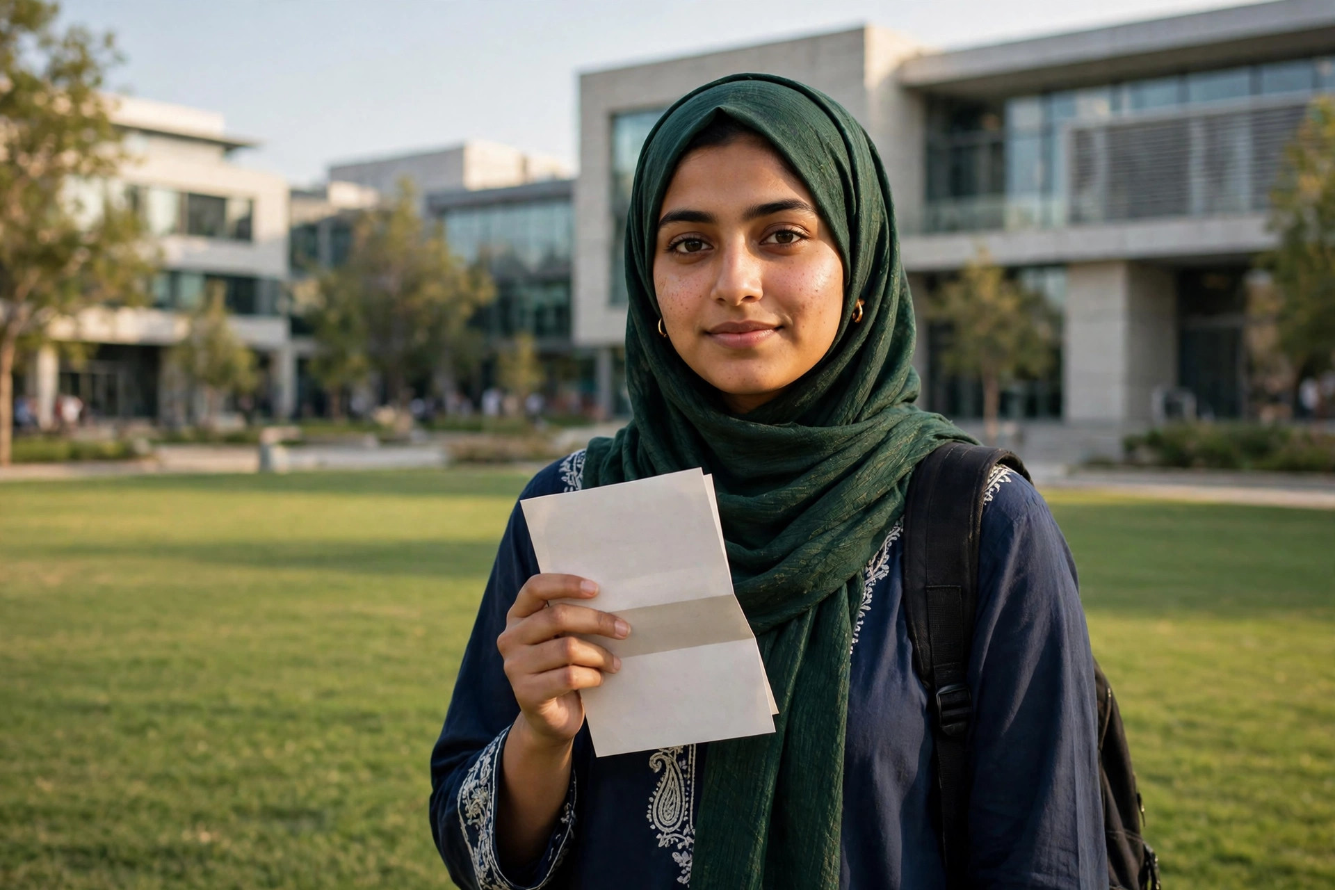 Pakistani university student holding a scholarship award letter on a green campus