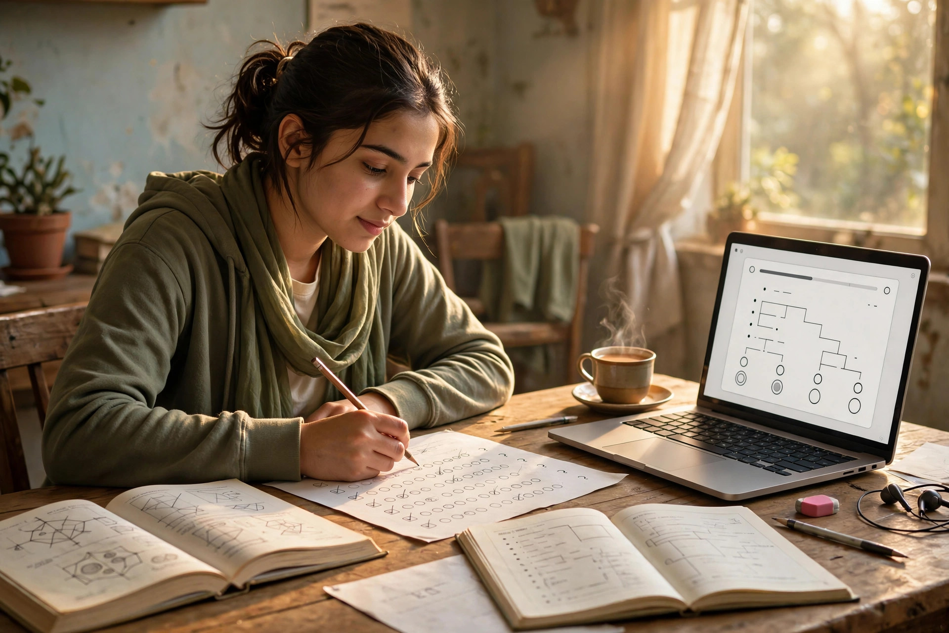 A Pakistani student preparing for the HEC USAT test: open textbooks, an MCQ practice sheet, a laptop showing a mock aptitude test, and a steaming cup of chai in warm morning light
