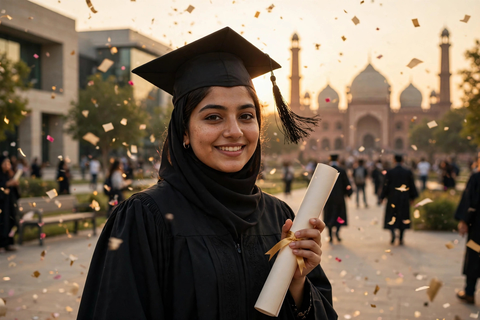 A smiling Pakistani graduate in gown and cap holding her degree scroll on a university campus at golden hour, celebrating the Honhaar Scholarship