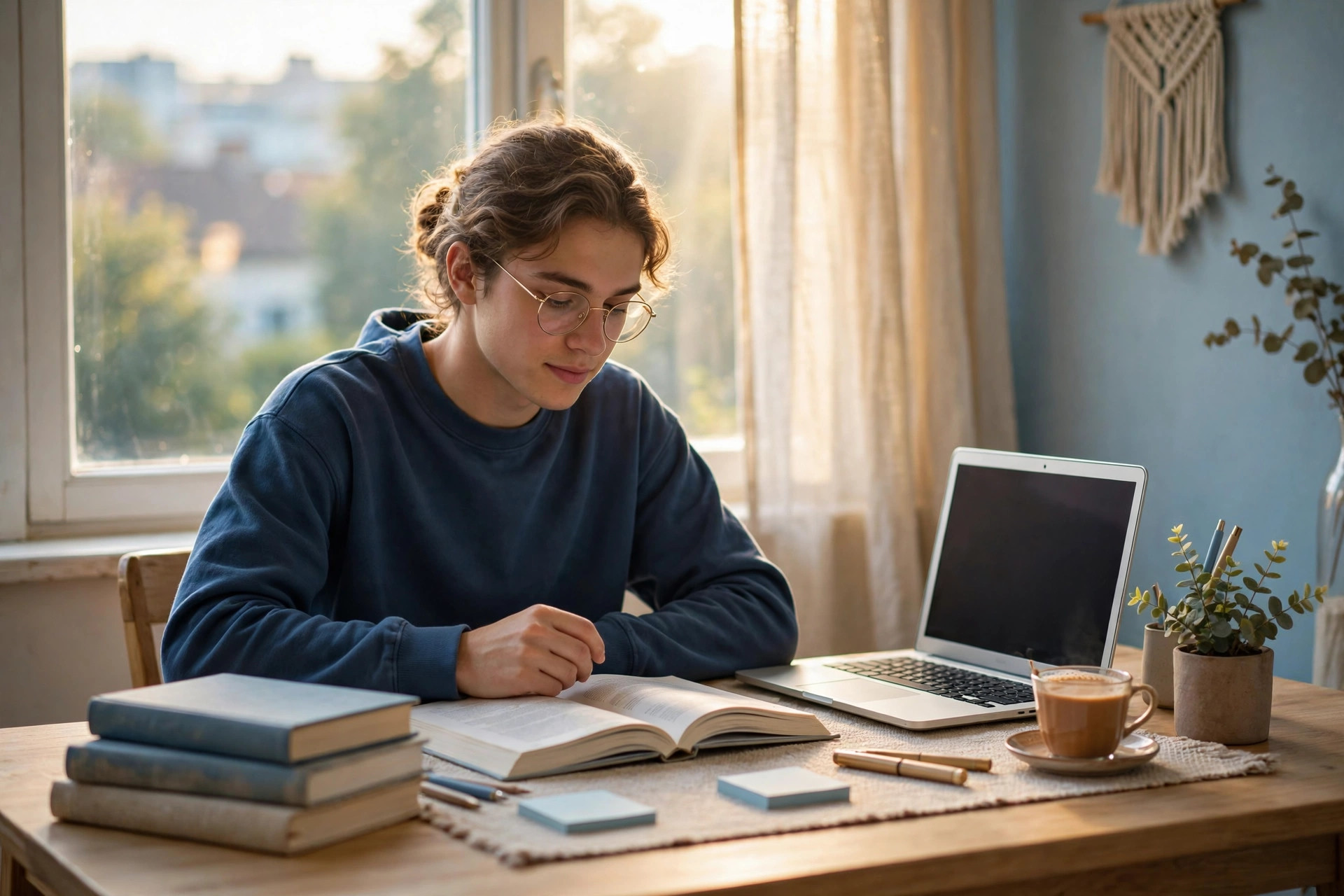 Calm student studying peacefully at a sunlit desk with books, a laptop and a cup of chai, serene blue and gold tones