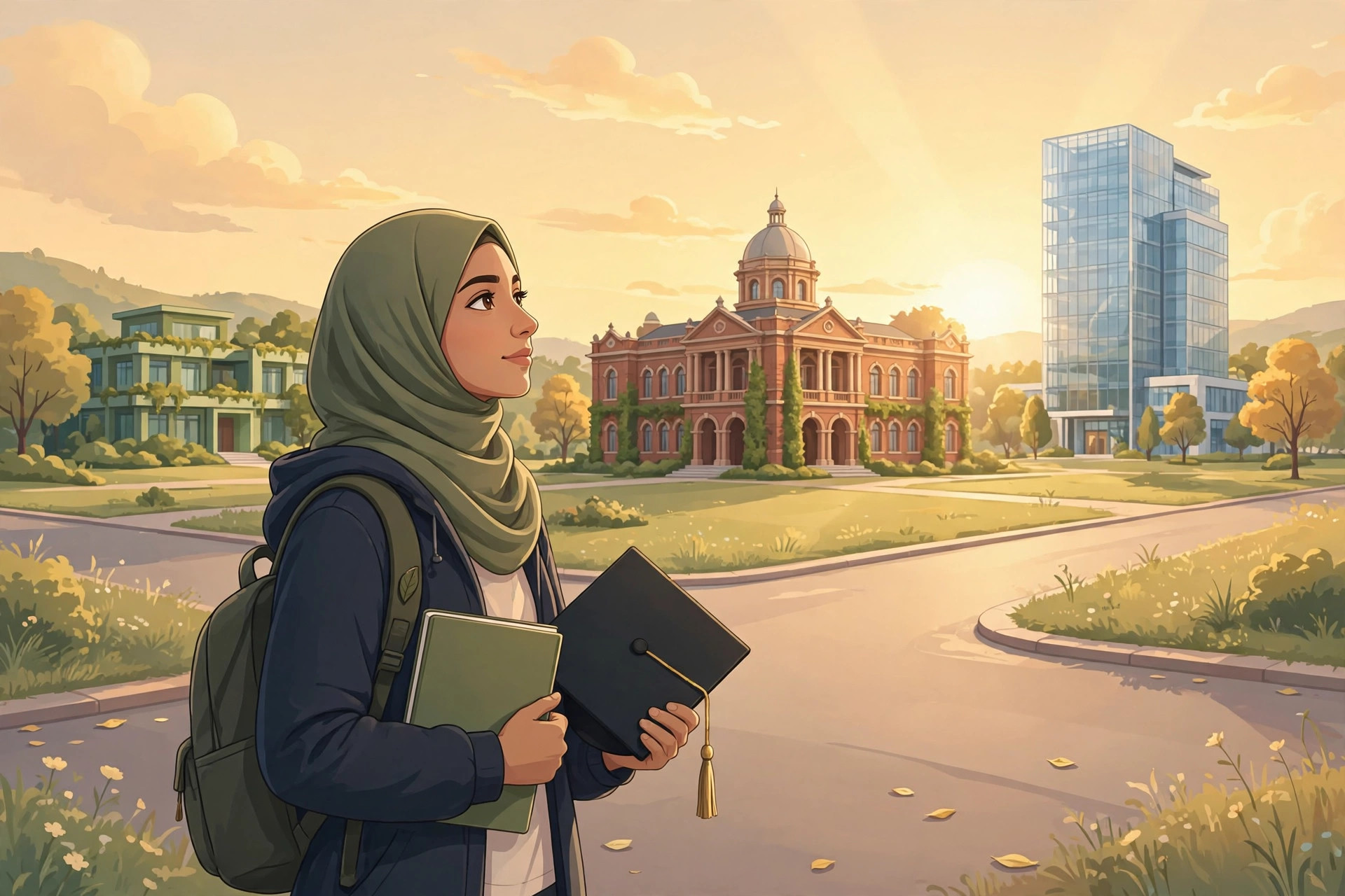 A Pakistani student holding a graduation cap and notebook, weighing three different university campuses at golden hour