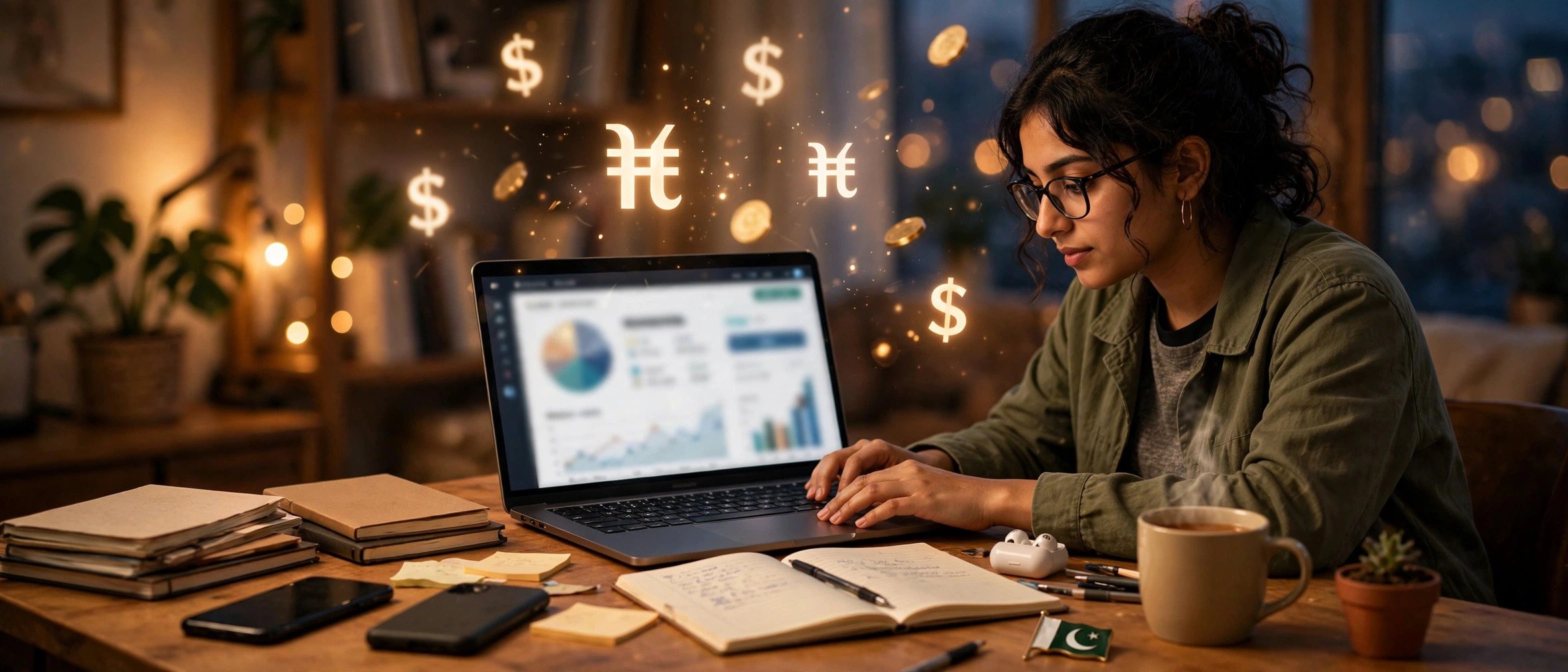 A Pakistani student working at a warm-lit desk on a laptop showing a freelancing earnings dashboard, with rupee and dollar symbols, notebooks, and a small Pakistani flag