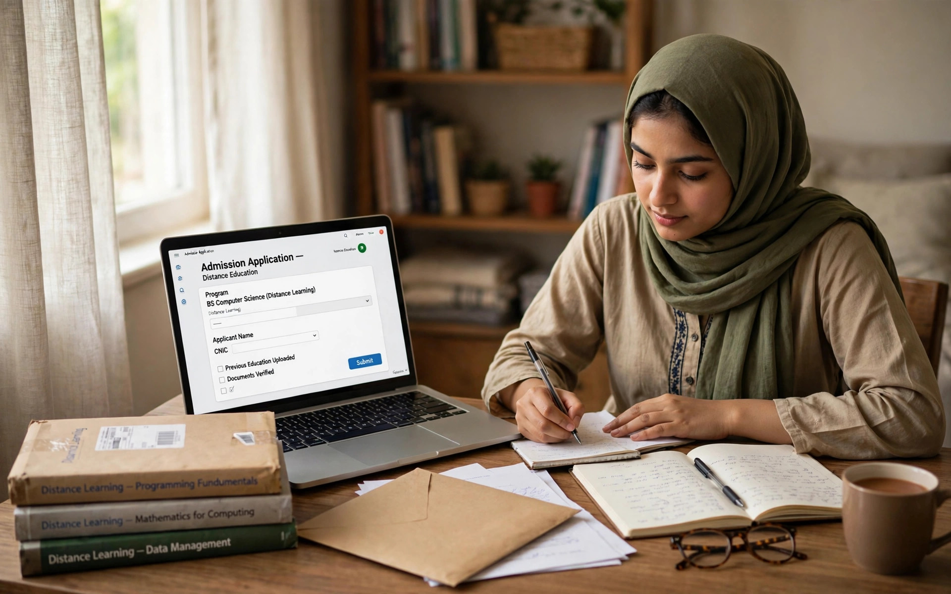 Pakistani student filling the AIOU online admission application at home, with course books, documents and a laptop on the desk