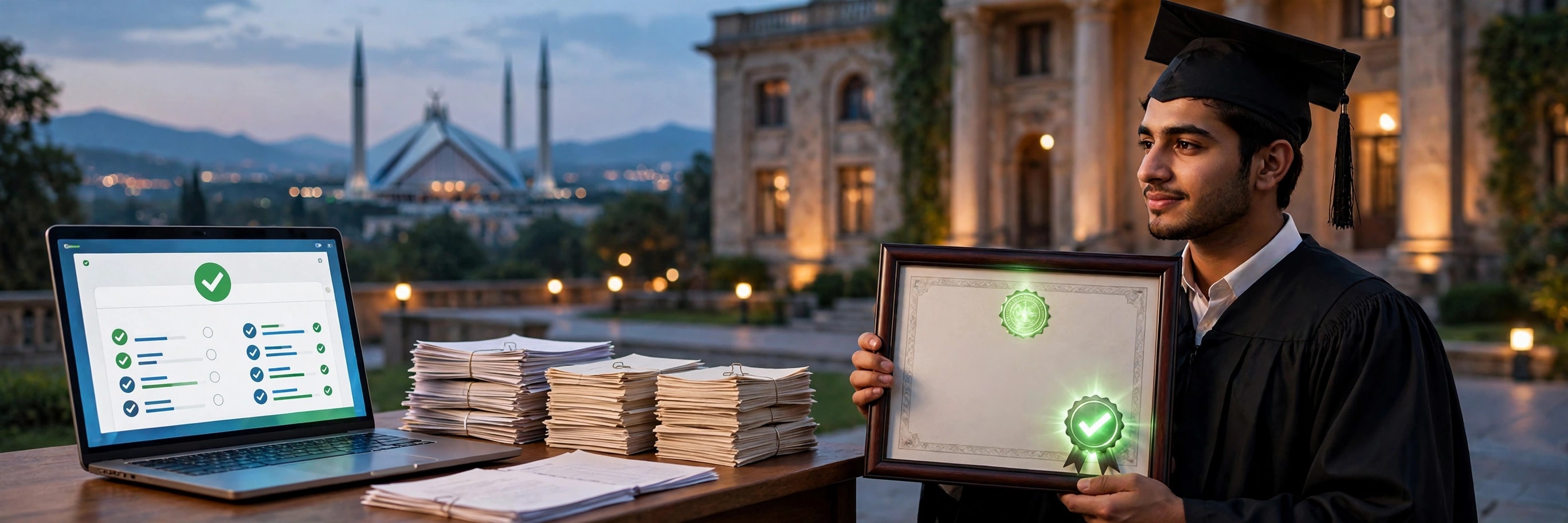 Pakistani graduate holding a framed degree certificate with a green verification seal beside a laptop showing the HEC online verification portal