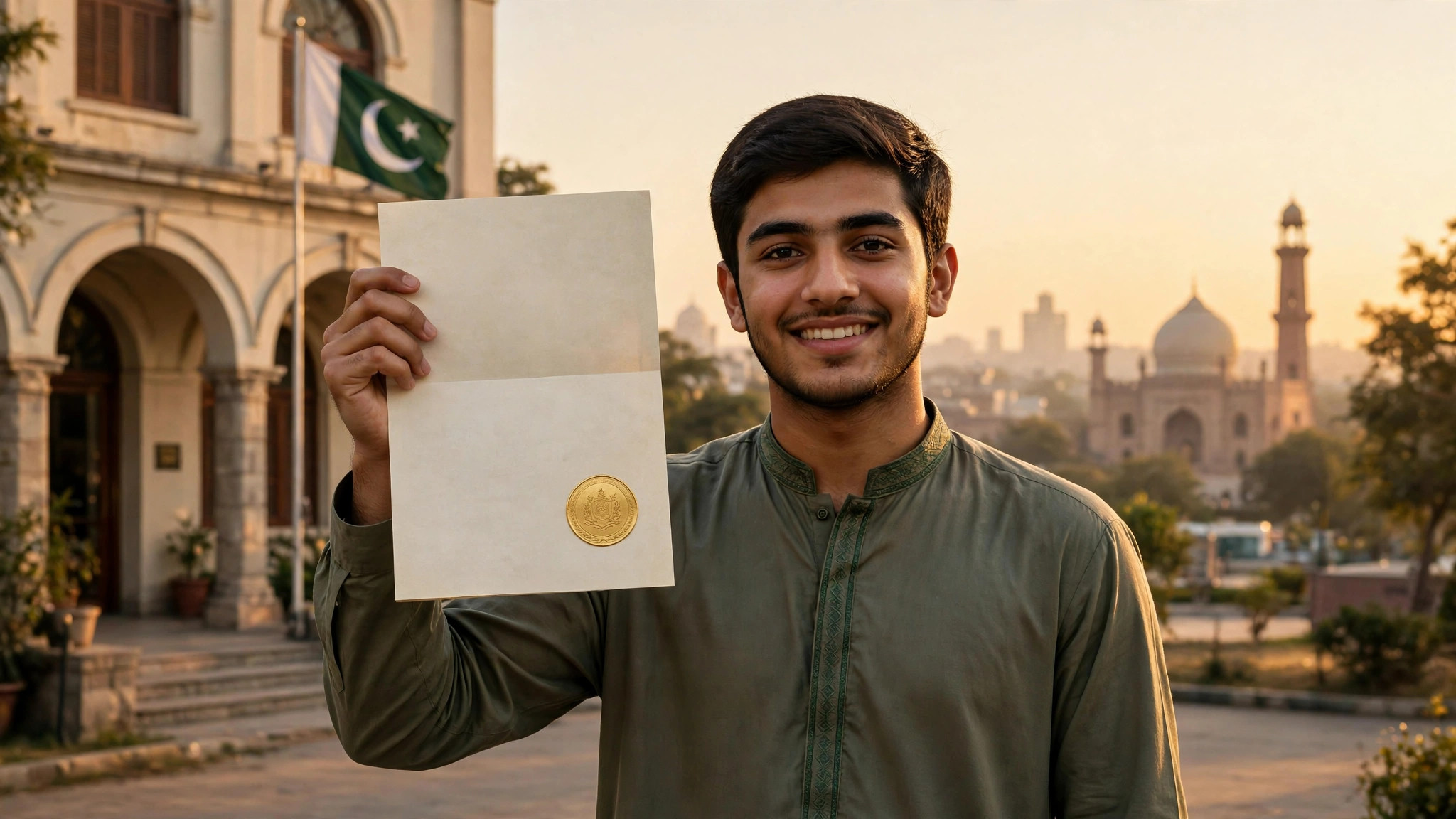 A young Pakistani student proudly holding an official domicile certificate with a golden government seal outside a district office building