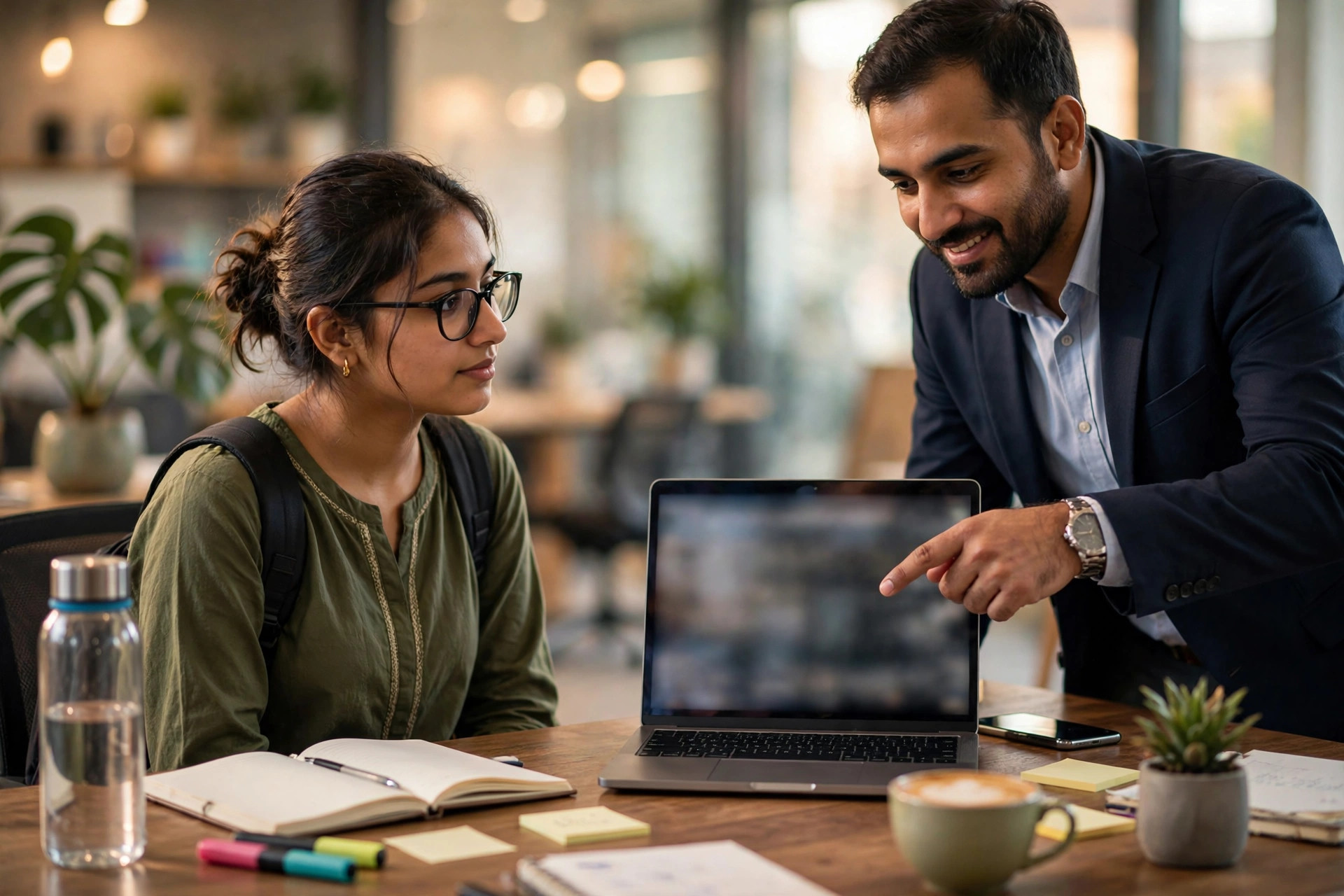 A university student working alongside a senior colleague during an internship in a modern office