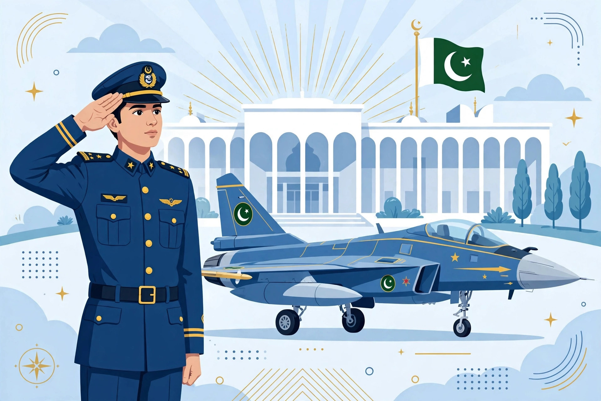 Pakistani PAF cadet in blue uniform saluting beside a fighter jet, with the PAF Academy Risalpur and Pakistan flag in the background