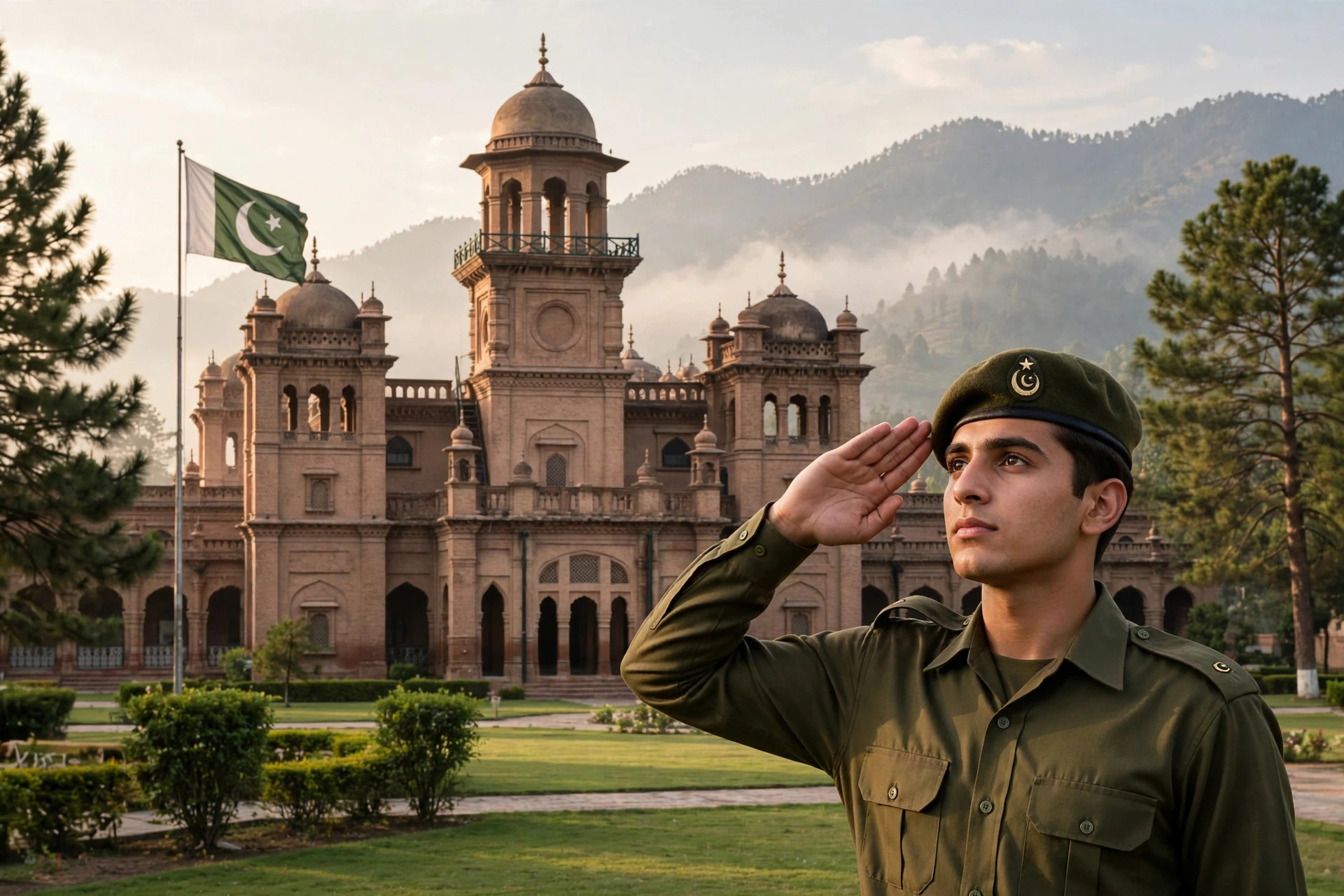 Young Pakistani Army cadet in olive-green uniform saluting in front of the Pakistan Military Academy Kakul building with the Pakistan flag