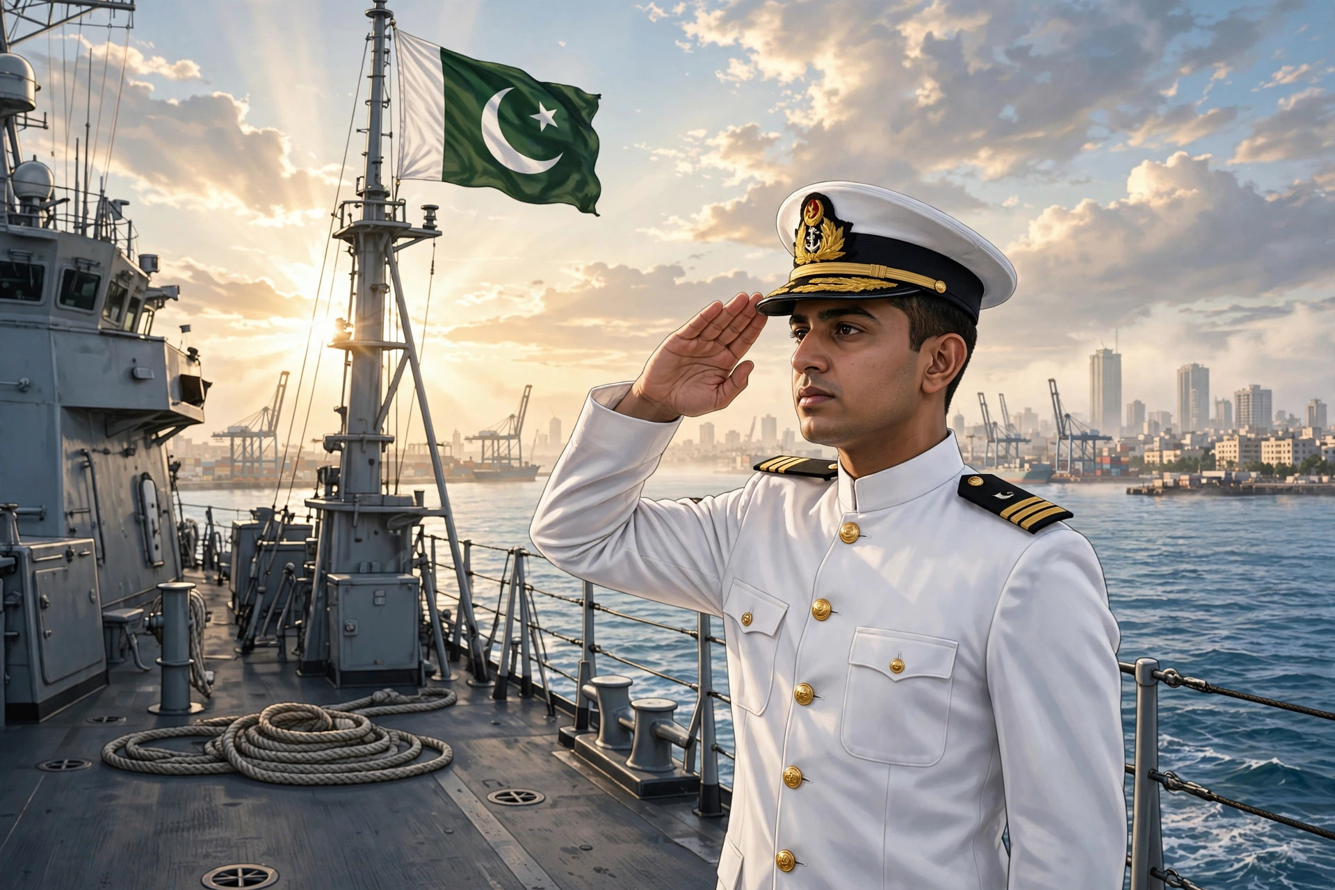 Young Pakistani Navy cadet in white naval uniform saluting on a warship deck with the Pakistan flag