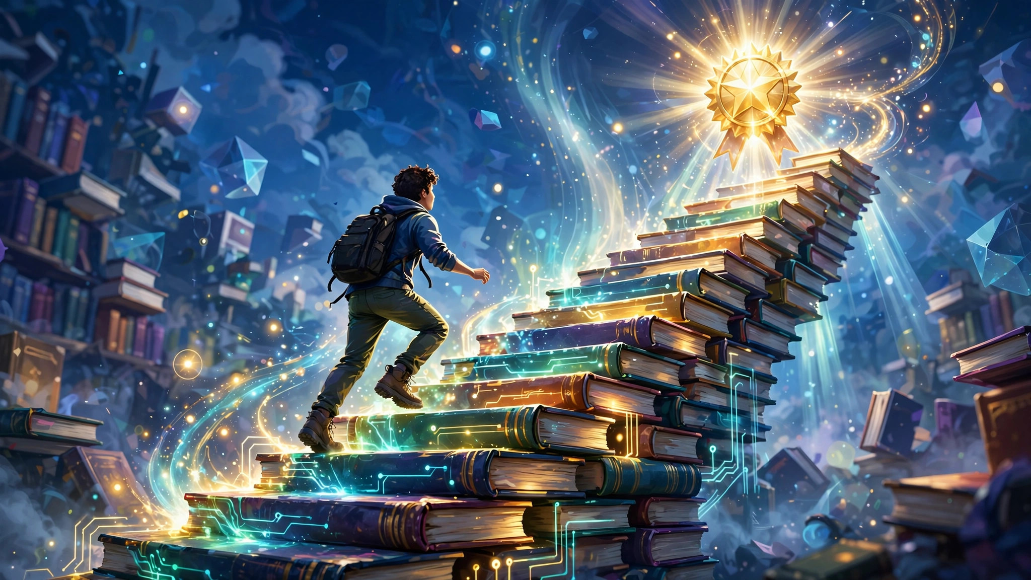 Illustration of a person climbing book steps toward a glowing badge, symbolizing fast skill learning