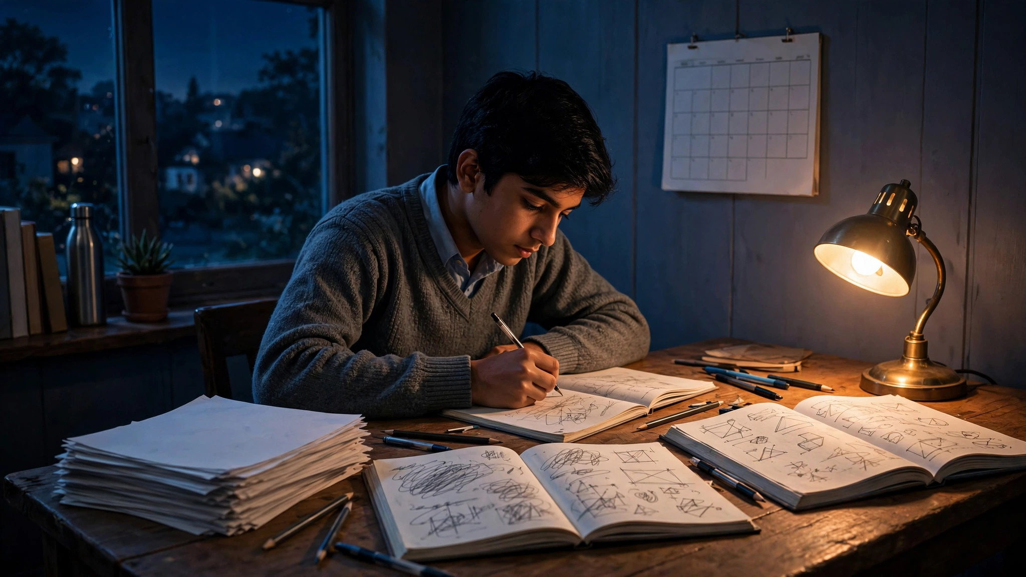 Pakistani student studying late at night for board exams with notebooks, past papers and a desk lamp
