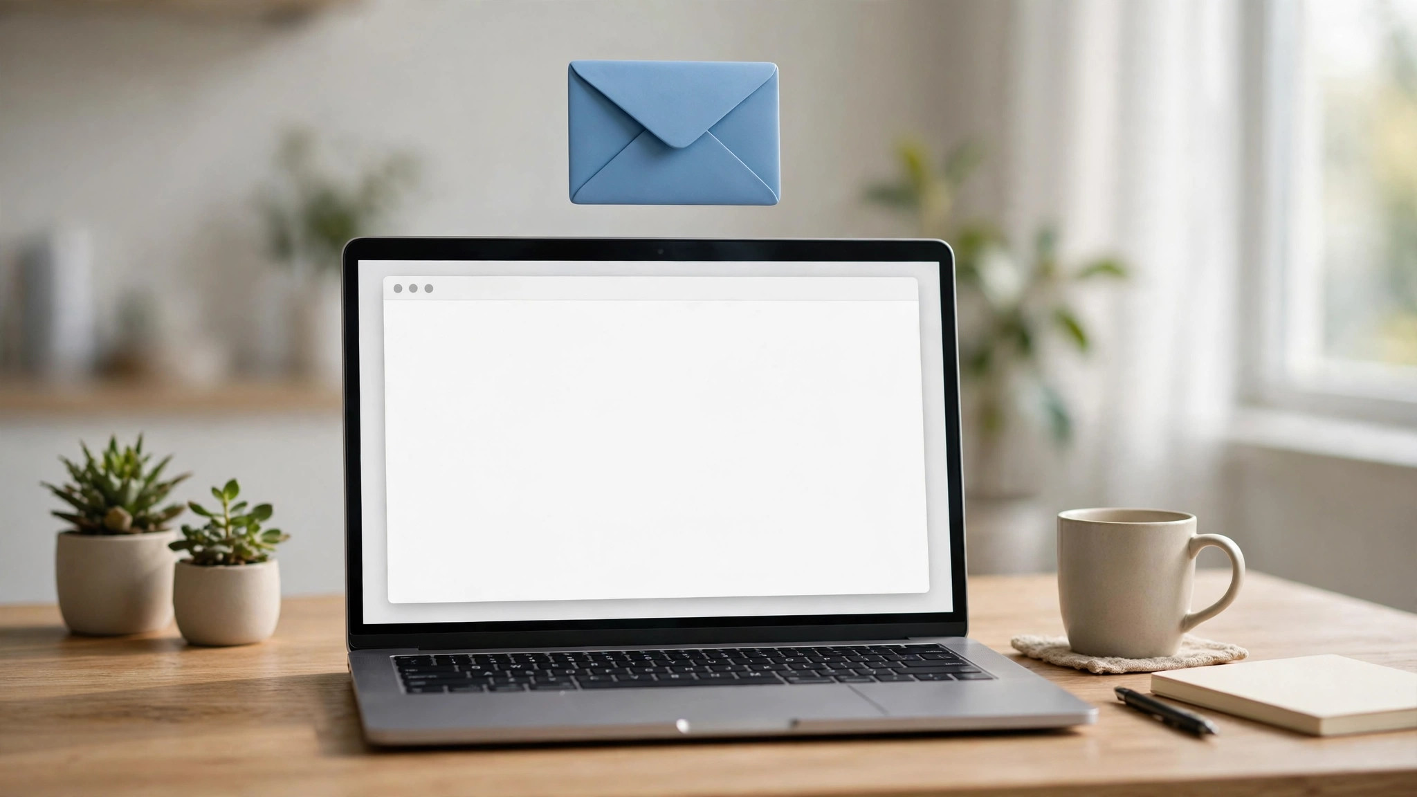 Laptop with a blank email compose window and floating envelope icon on a modern desk
