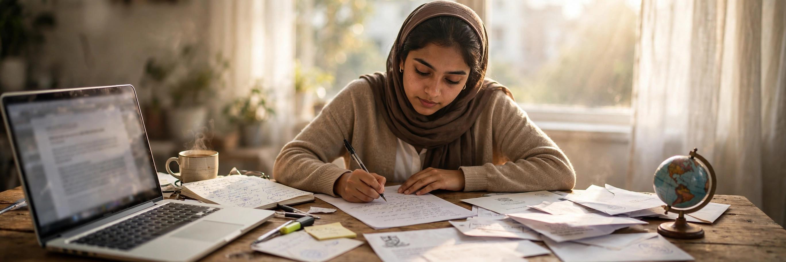 A young Pakistani university student writing a statement of purpose essay at a wooden desk by a bright window, with a laptop, notebook, university acceptance letters and a small globe