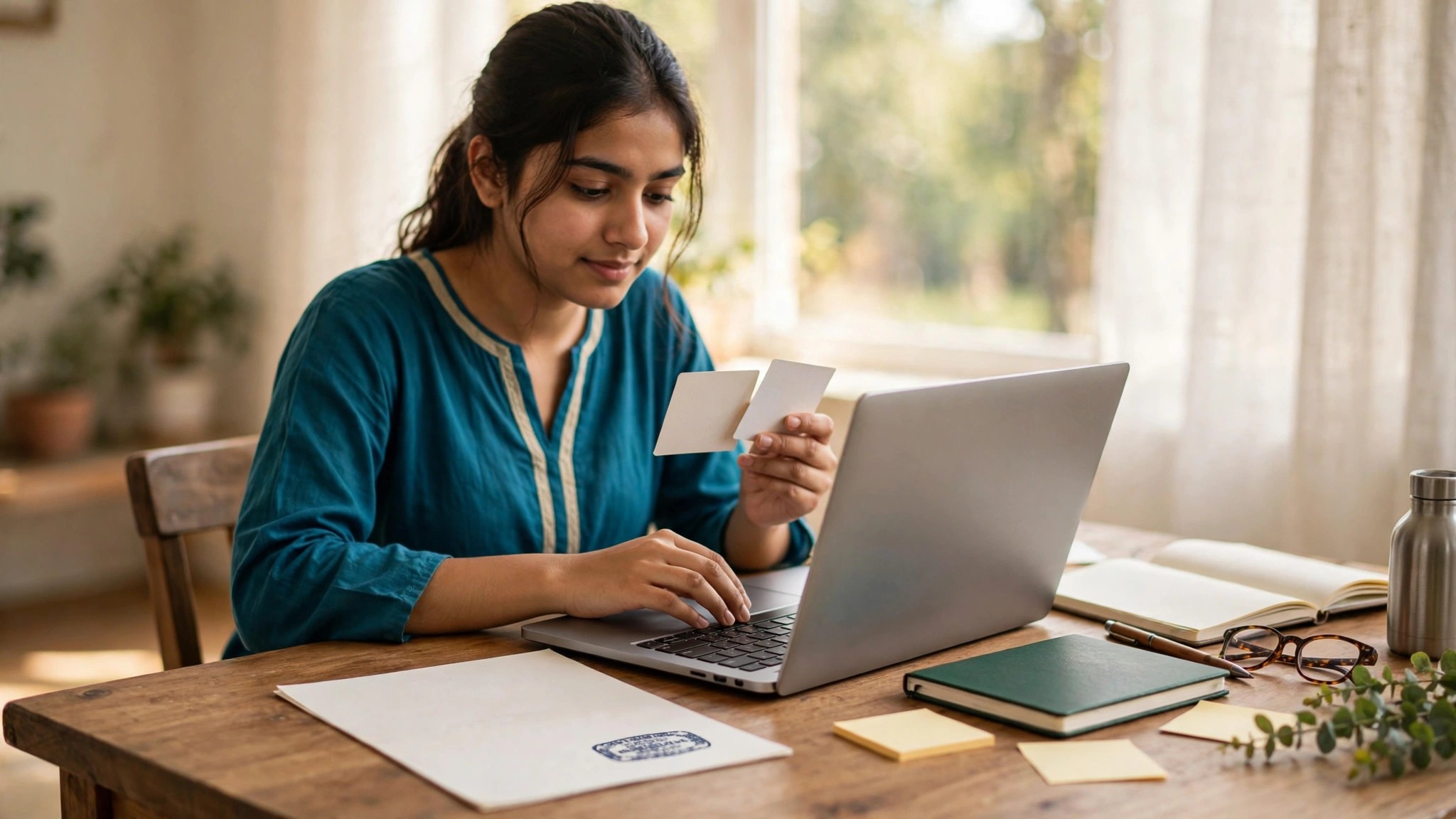 A Pakistani student holding Cambridge O and A Level result cards while filling out an IBCC equivalence application on a laptop, with an official certificate document on the desk