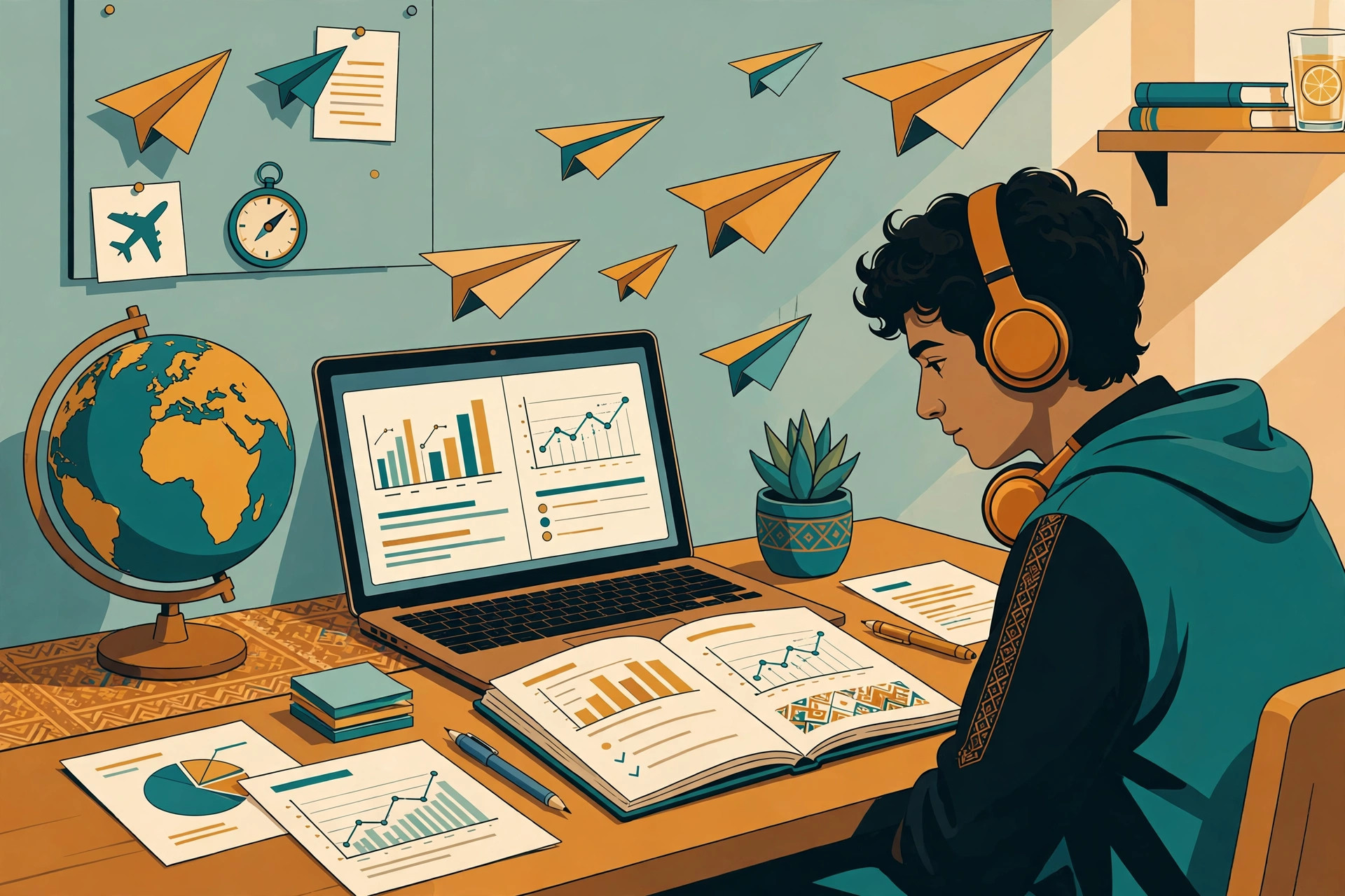 A Pakistani student with headphones studying IELTS at a desk with a laptop, practice charts, a globe and paper airplanes symbolising studying abroad