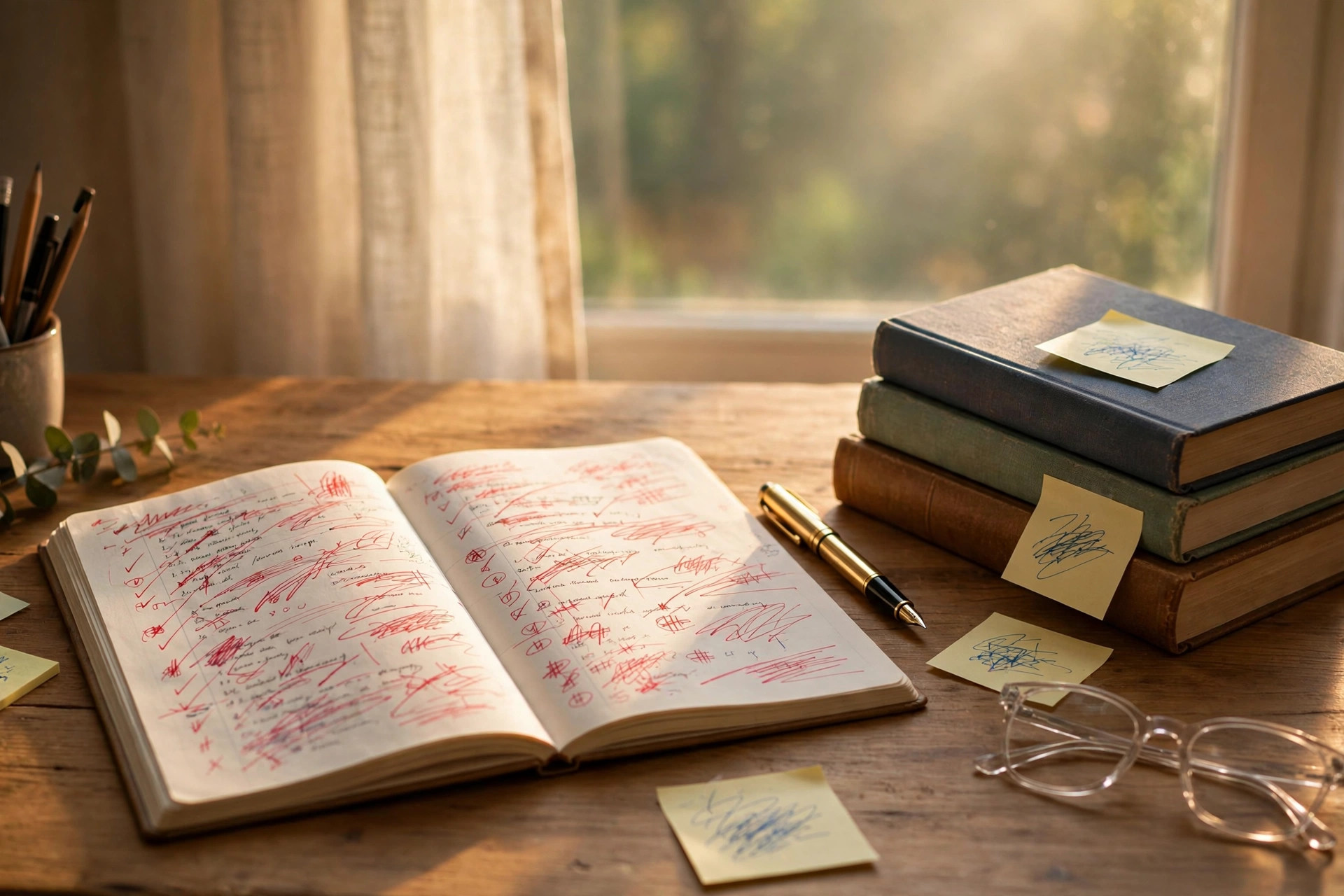 Student desk with English grammar notebook, red pen corrections, textbooks and dictionary