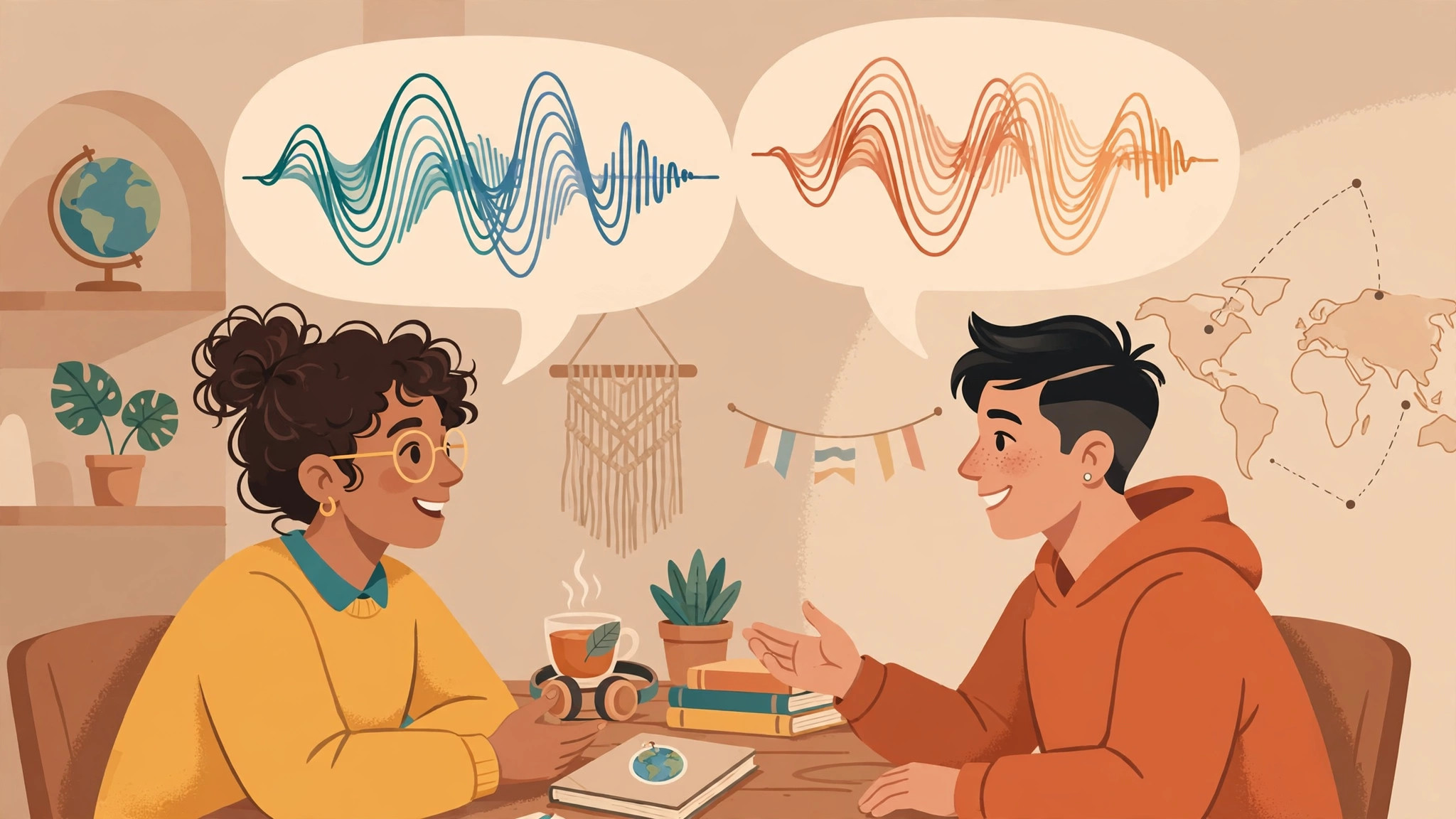 Two people conversing with speech bubbles of abstract sound waves, illustrating English speaking practice