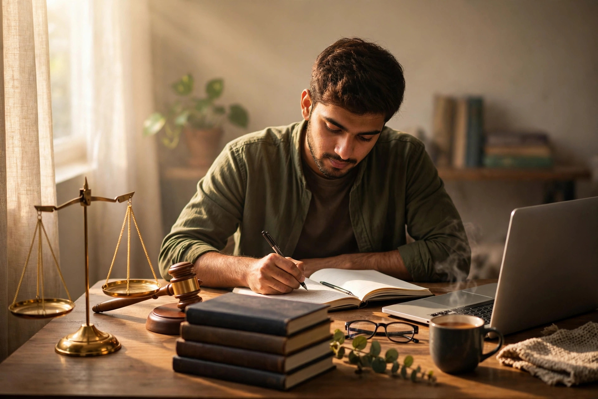 LAT exam preparation: a Pakistani law aspirant studying at a wooden desk with the scales of justice, a gavel, law books, an open notebook and a laptop in warm study light