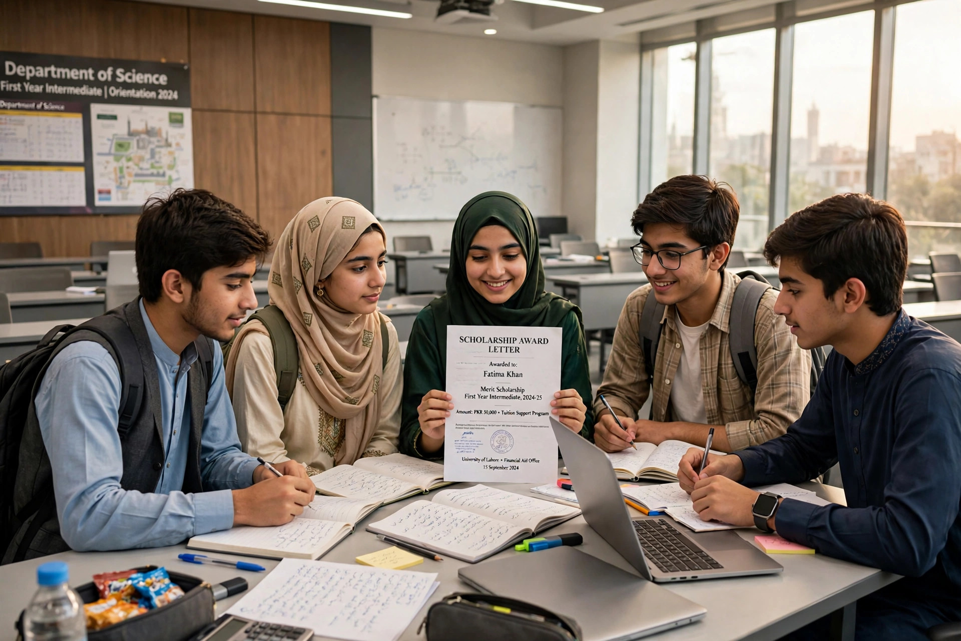 Pakistani intermediate students in a university lecture hall, one holding a scholarship award letter