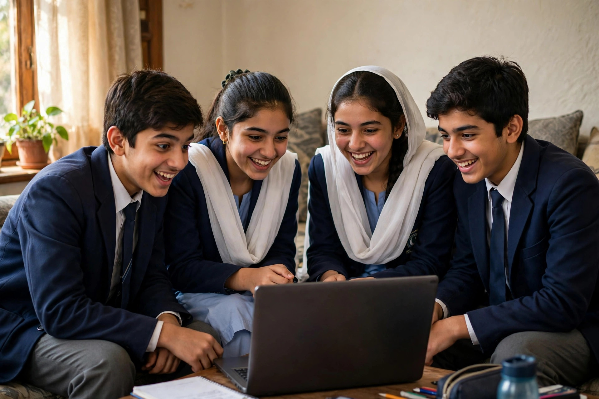 Pakistani matric students in school uniform happily checking their 10th class board result on a laptop at home