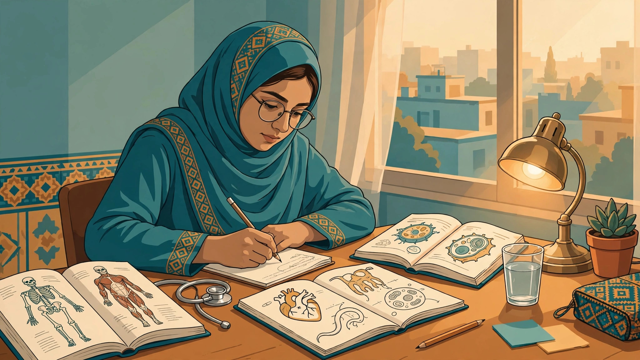 Pakistani medical student studying anatomy and biology textbooks with a stethoscope while preparing for the MDCAT medical entry test in Pakistan