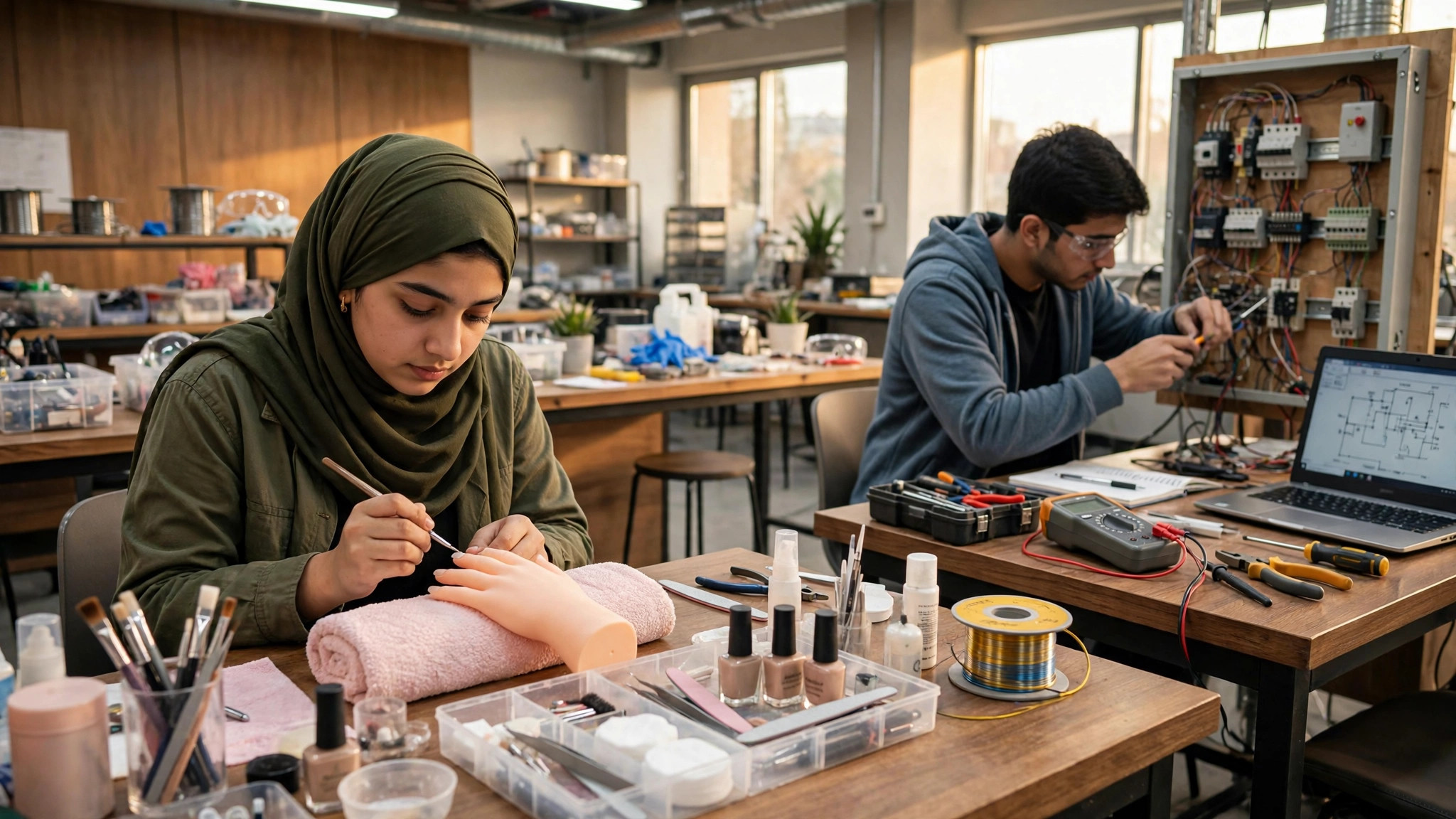 Pakistani trainees practicing hands-on vocational skills in a modern workshop — beautician training and electrical circuit work