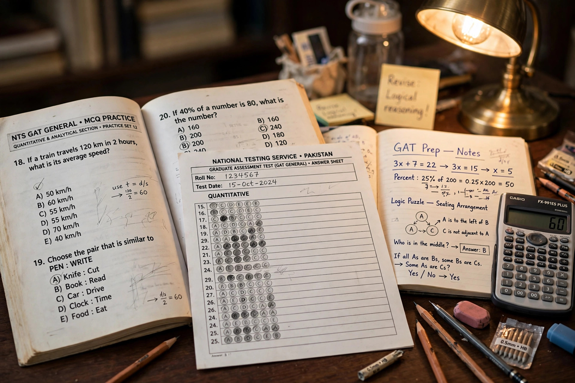Desk with NTS GAT General MCQ practice book, answer sheet, calculator and logic-puzzle notes