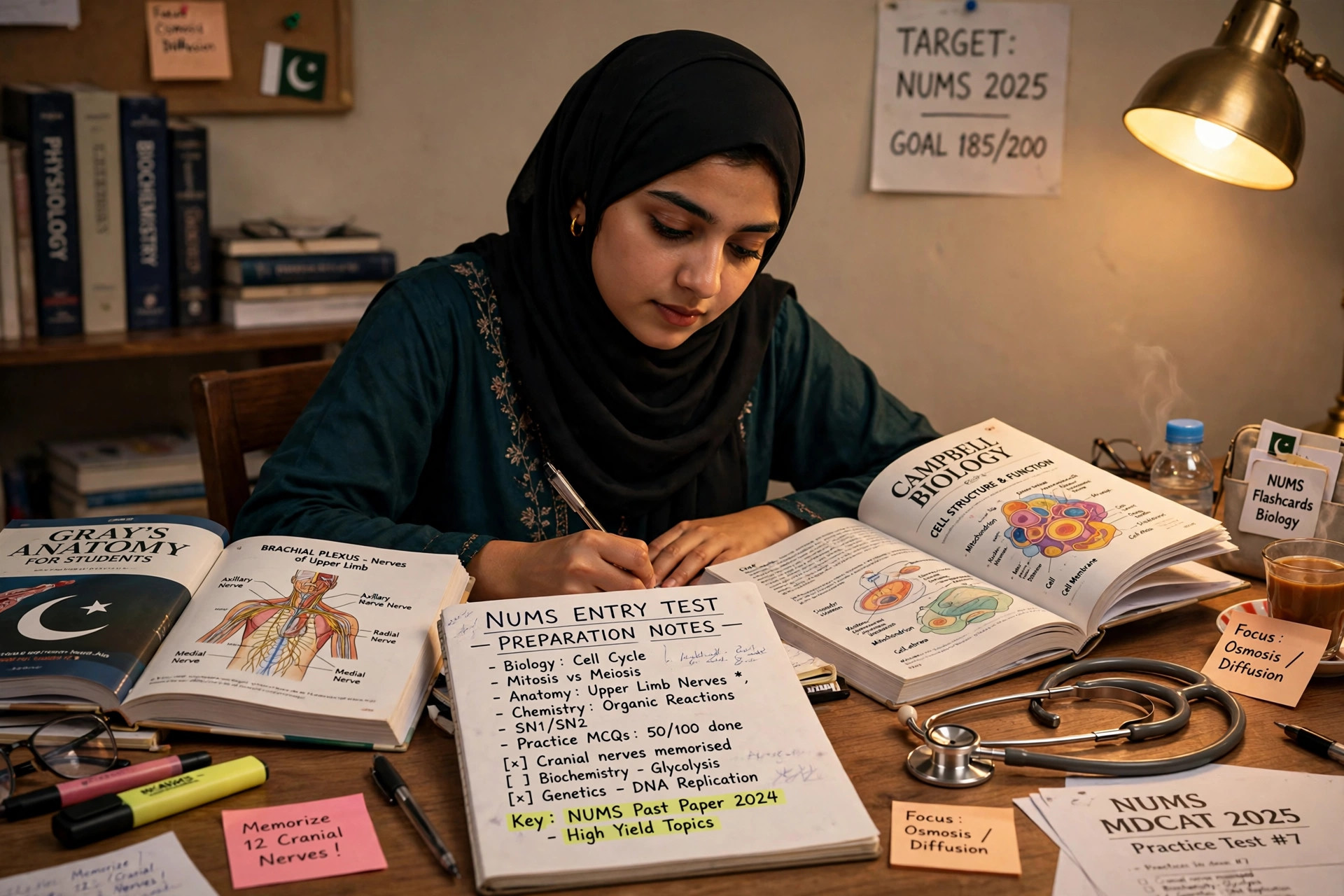Pakistani medical student studying anatomy and biology textbooks with a stethoscope while preparing for the NUMS university entry test