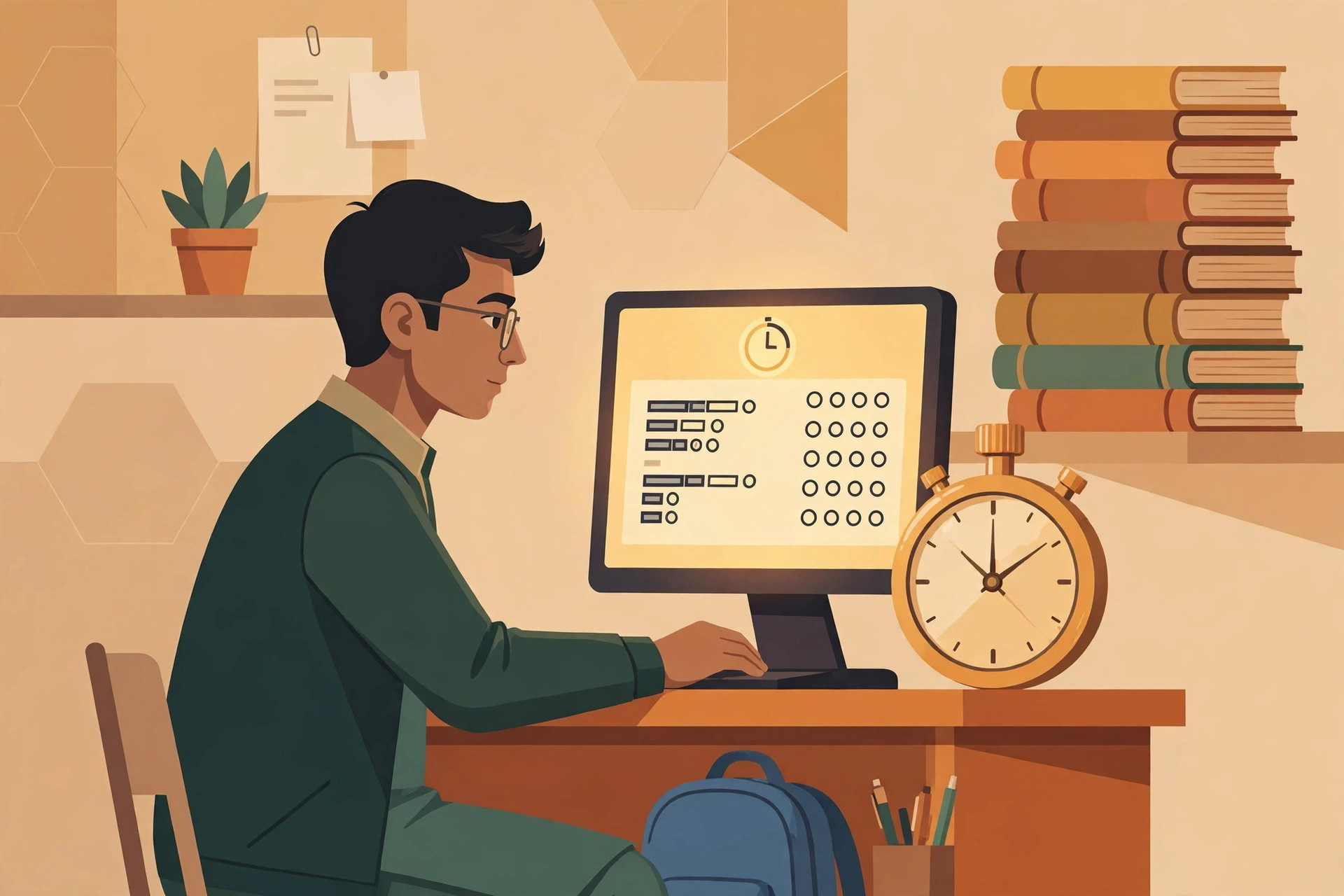 Illustration of a Pakistani student at a computer-based university entry test, with a stopwatch and a stack of textbooks