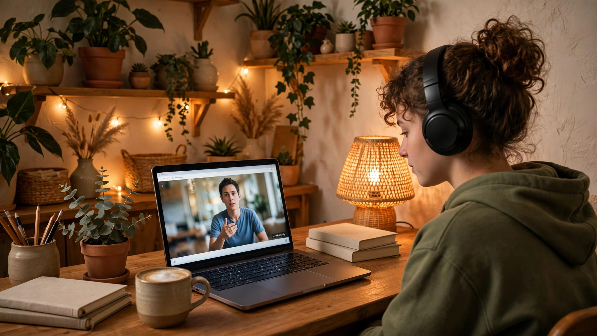 Student with headphones learning on a laptop in a cozy home study corner
