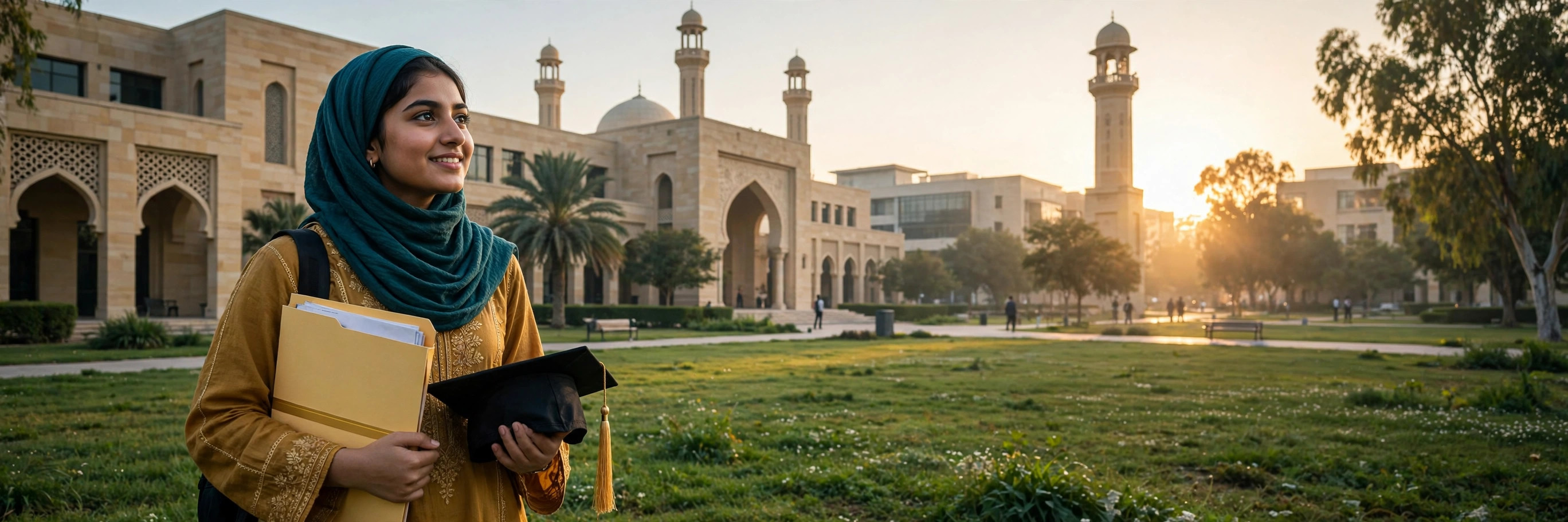 Young Pakistani scholarship student in hijab holding a graduation cap and documents on a university campus at sunrise