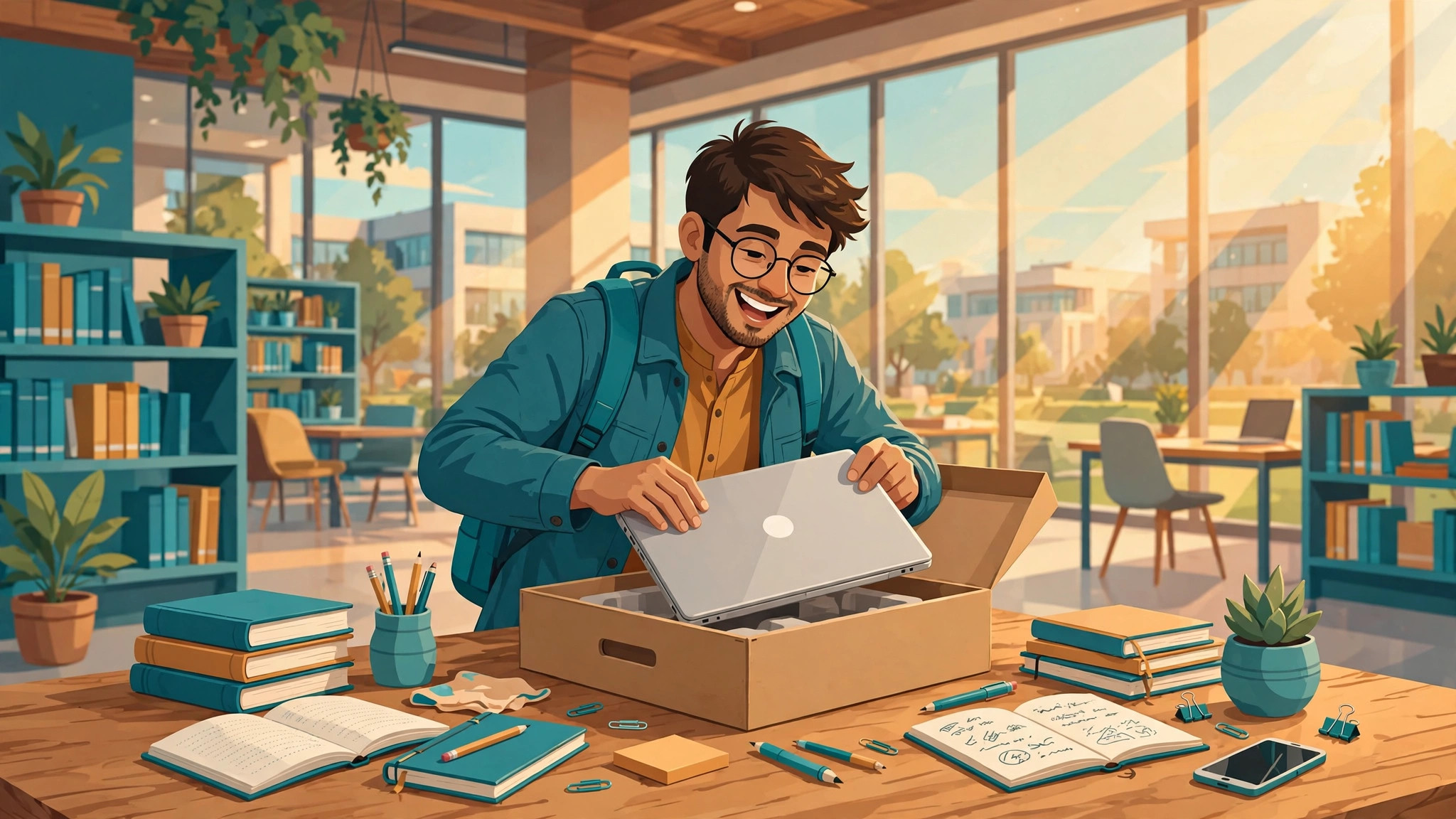 A Pakistani university student happily unboxing a new laptop in a bright campus library, with books and study notes on the desk
