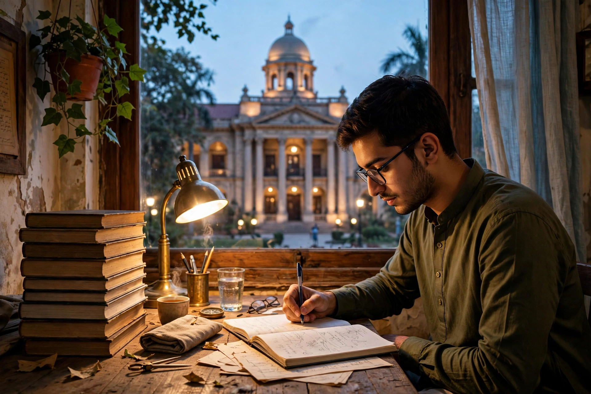 Pakistani PMS aspirant studying at a desk with a historic government secretariat building visible through the window