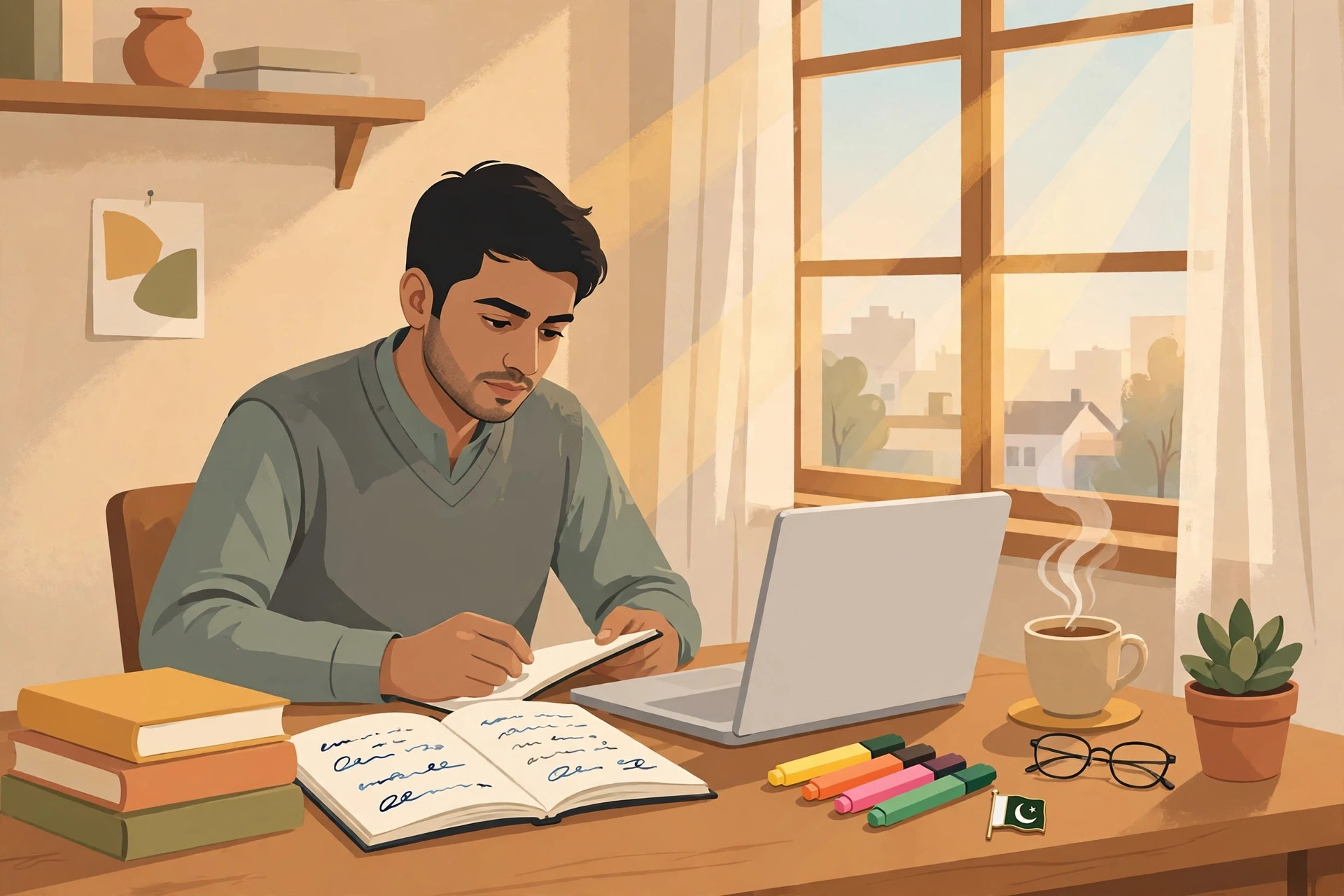 PPSC exam preparation: a Pakistani civil service aspirant studying at a desk with general knowledge books, an open notebook, a laptop and a small Pakistani flag pin in warm morning light