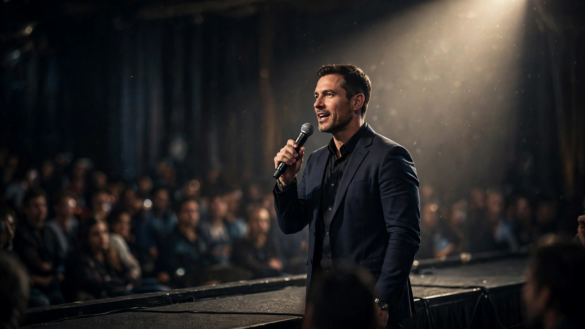 Speaker with microphone on stage addressing an audience under a spotlight